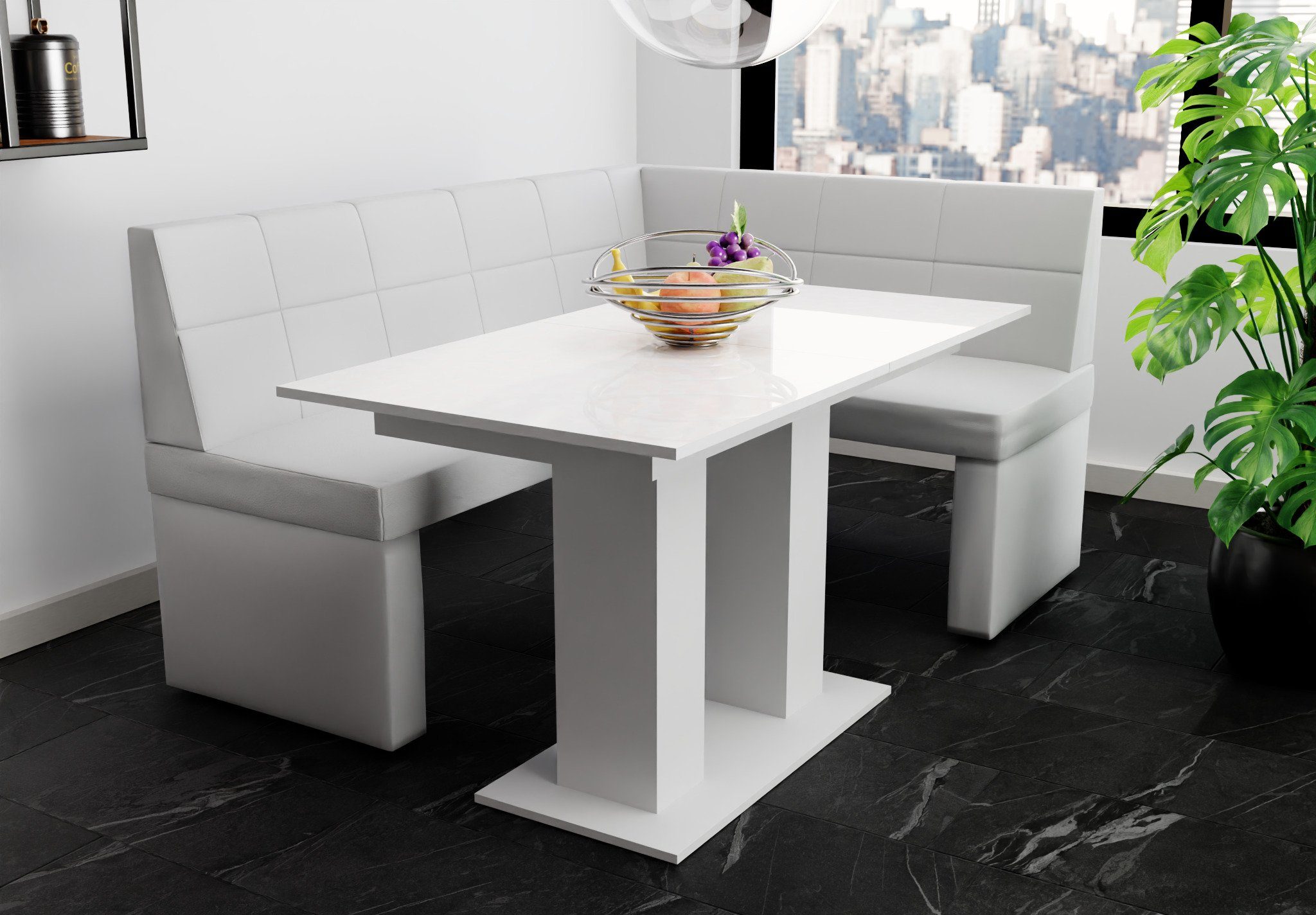 Fun Möbel Eckbankgruppe Eckbankgruppe „BLAKE“ Größe 168x128cm mit Tisch Weiß Hochglanz, ausziehbarer Tisch | Eckbankgruppen