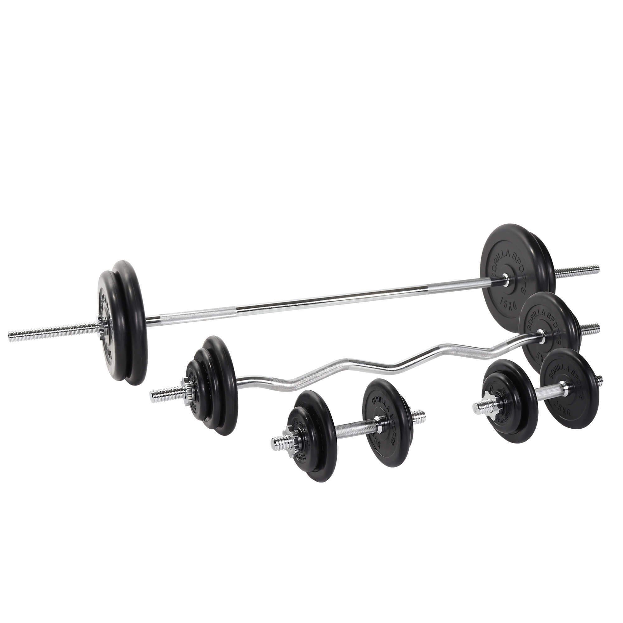 SZ 170cm, Curlstange SPORTS Langhantelstange 18 120cm, GORILLA Hantel-Set Hantelscheiben 108kg,