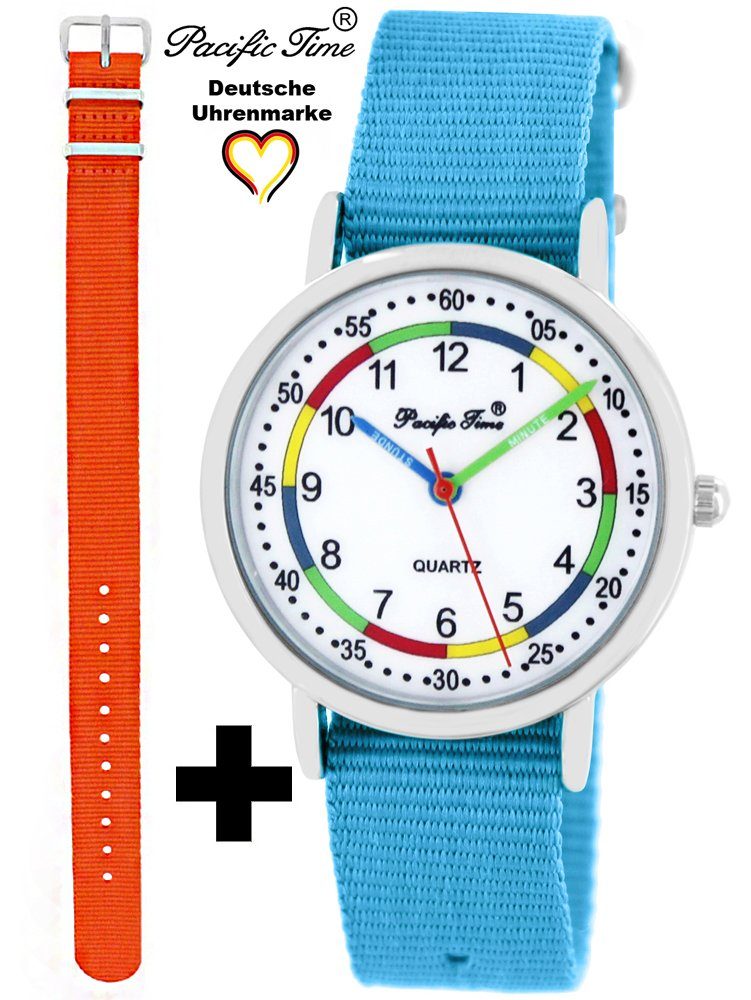 Set Design und Armbanduhr orange hellblau Versand Lernuhr First - Gratis Kinder Quarzuhr Mix und Time Wechselarmband, Match Pacific