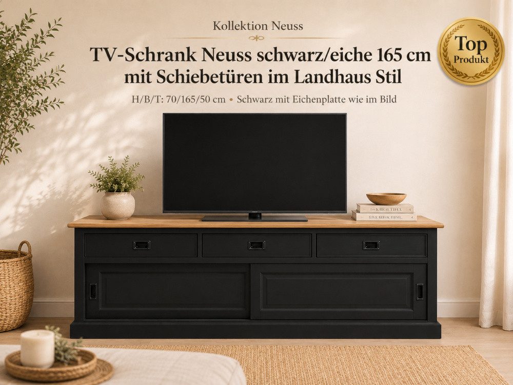 Wohnpalast TV-Board TV Board Neuss 165 cm schwarz/eiche - Lowboard mit Schiebetüren
