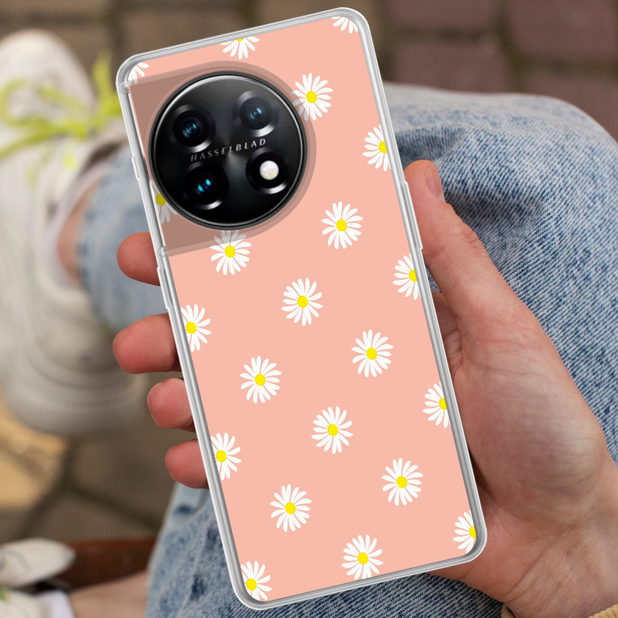 MuchoWow Handyhülle für OnePlus 11 Gänseblümchen - Pastell - Weiß - Rosa - Blumendruck, Handy Case, Silikon, Bumper Case Dünn