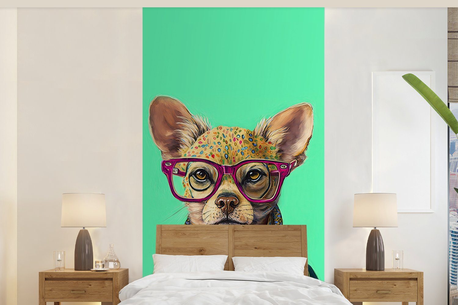 MuchoWow Fototapete Brille - Tier - Hund - Blumen - Chihuahua, Matt, bedruckt, (2 St), Vliestapete für Wohnzimmer Schlafzimmer Küche, Fototapete