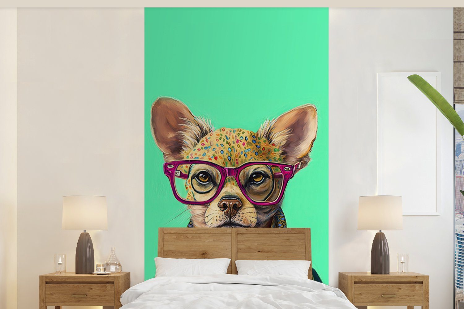 MuchoWow Fototapete Blumen Vliestapete bedruckt, für Fototapete - - - - (2 St), Chihuahua, Wohnzimmer Küche, Hund Brille Tier Matt, Schlafzimmer