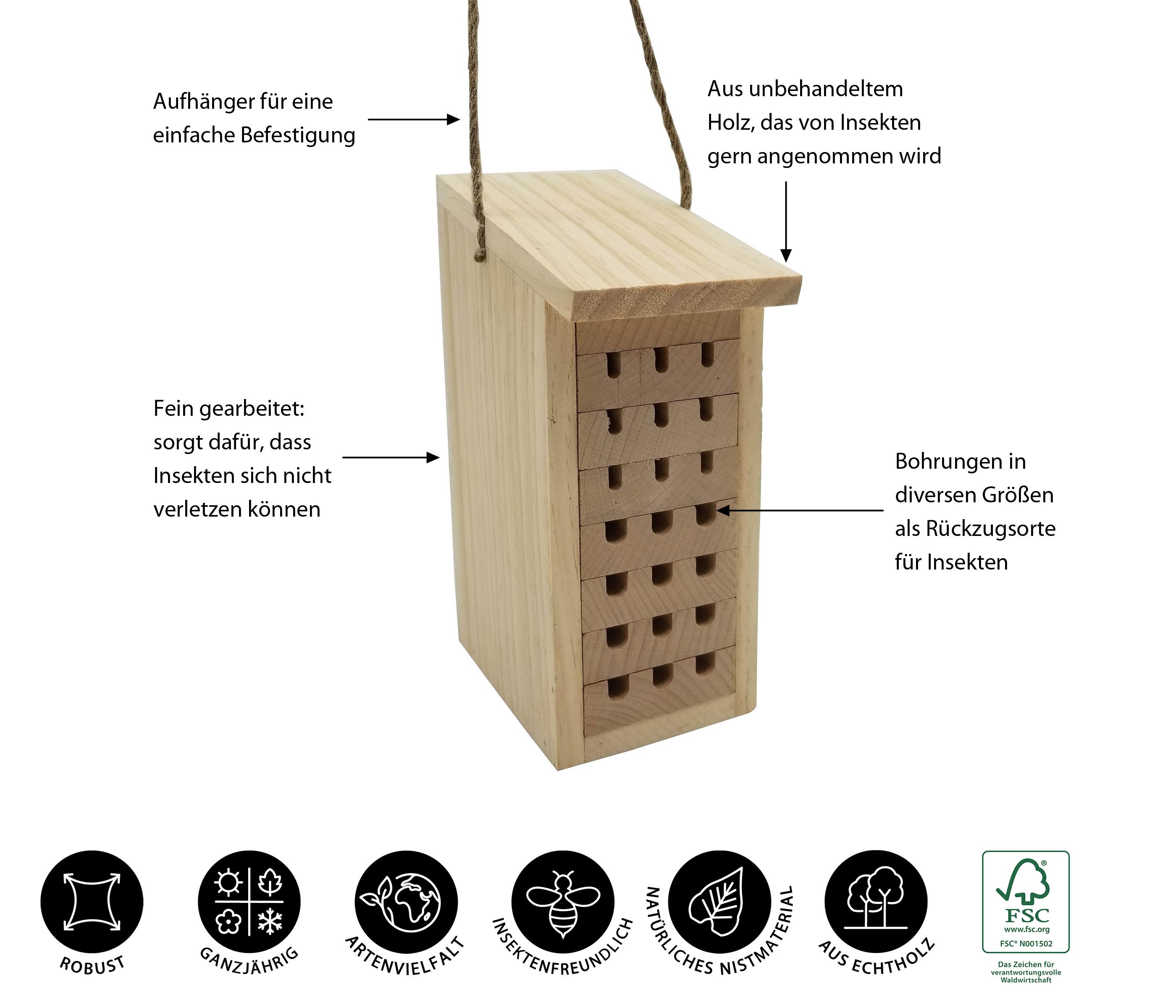 Dehner Insektenhotel Natura Premium Zermatt, 8 x 19.5 x 12.5 cm, Nistkasten für Bienen, Schmetterlinge und Käfer