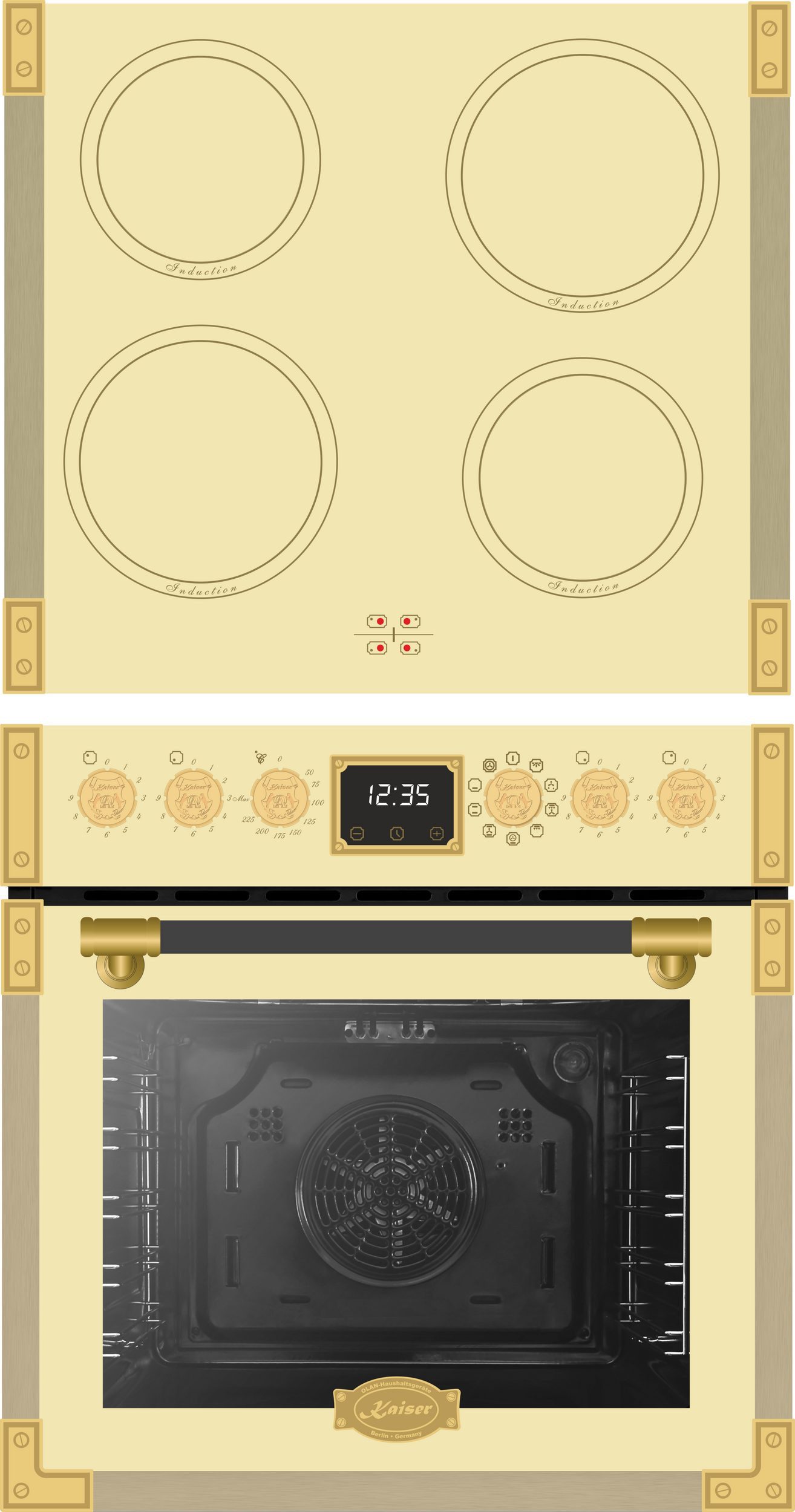 Kaiser Küchengeräte Backofen-Set Retro Herdset Backofen 74 l mit Induktionskochfeld mit 1-fach-Teleskopauszug Katalytische Selbstreinigung EHC 6776 I ElfAD+5 Jahres garantie, mit 1-fach-Teleskopauszug