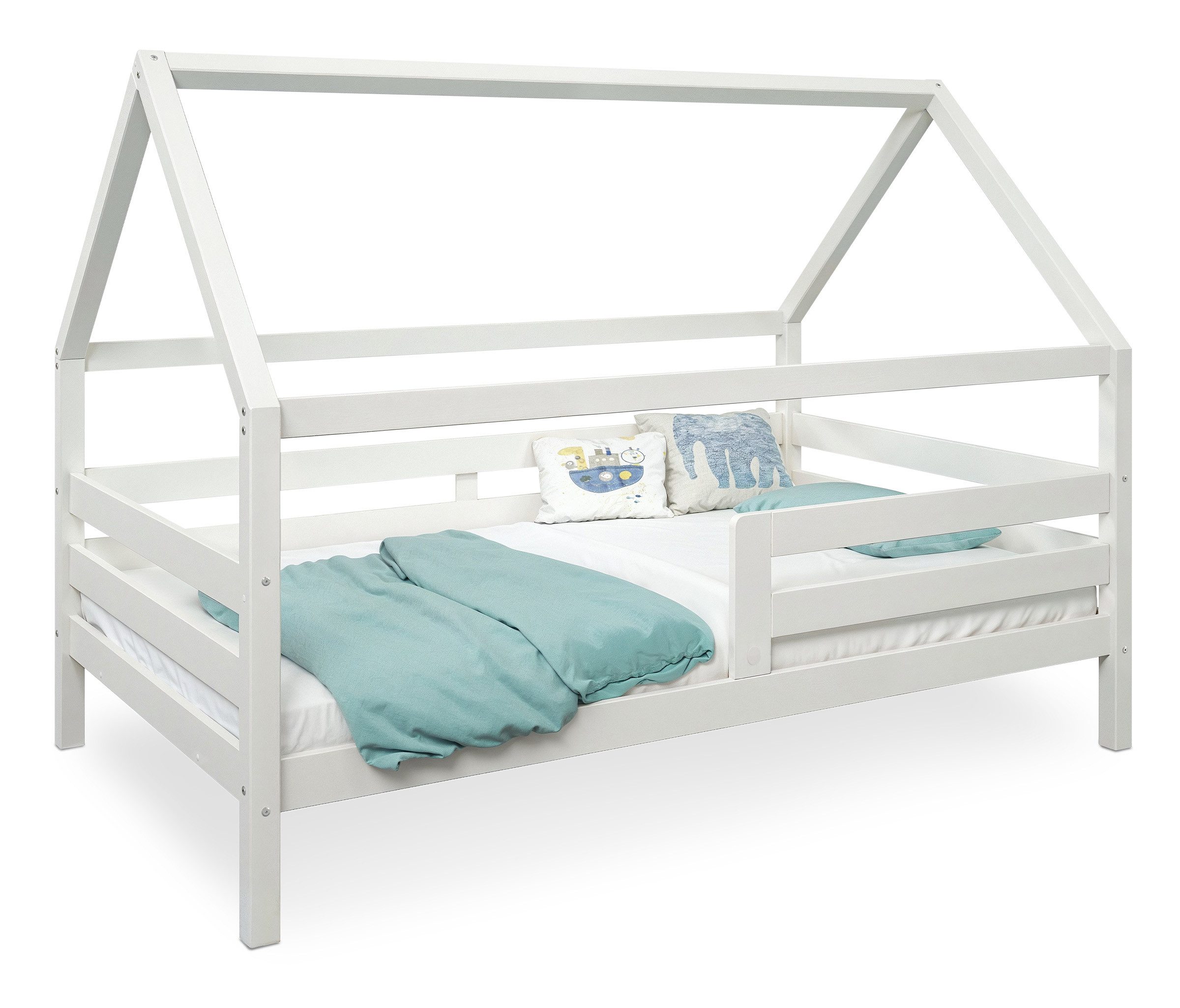 Ehrenkind Hausbett Sona aus massivem Kiefernholz, FSC® zertifiziert (mit Rausfallschutz in weiß), Hausbett 90x200 cm