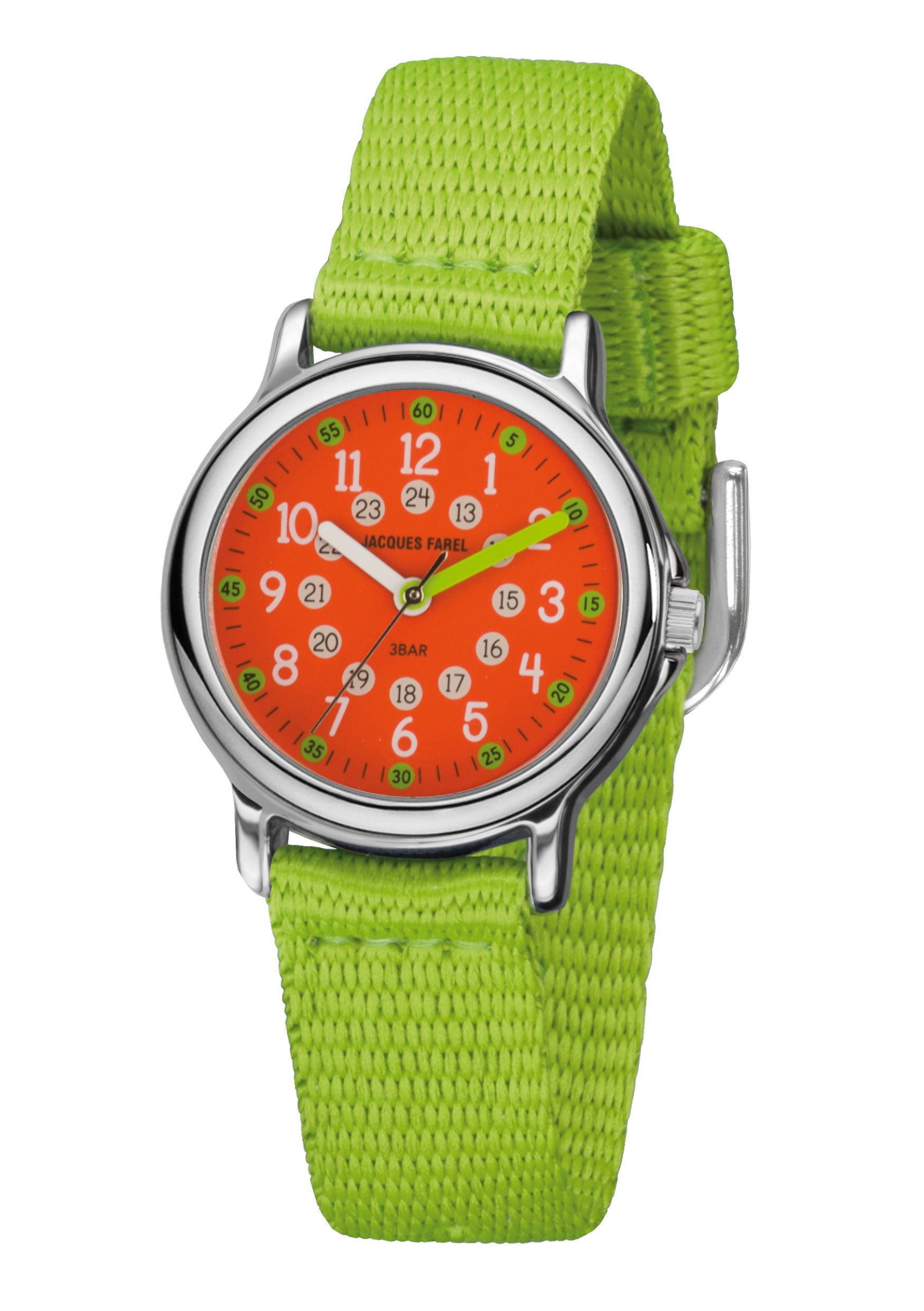 Jacques Farel Quarzuhr KCF Kinder Armbanduhr Textilband, analog Kinderuhr Lernuhr deutlich Schulanfang Geschenkidee Ø 28 mm