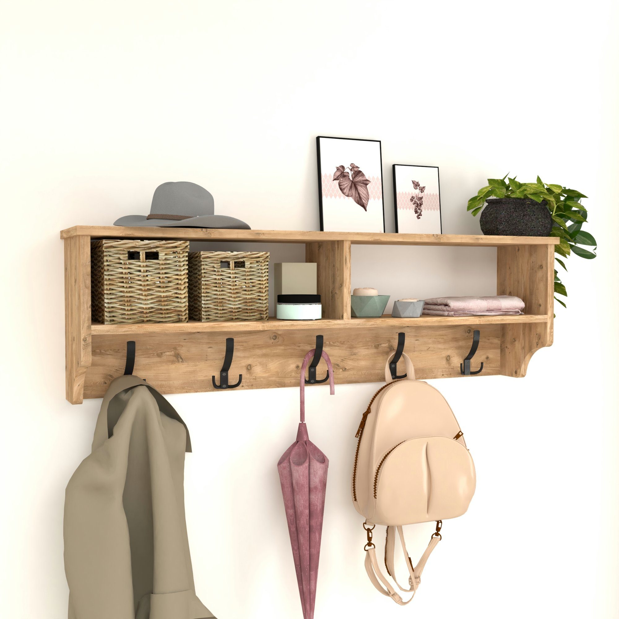 en.casa Wandgarderobe, »Åstorp« Wandregal 120x22x37cm mit Haken, 2 Ablagefächer Eiche-Optik