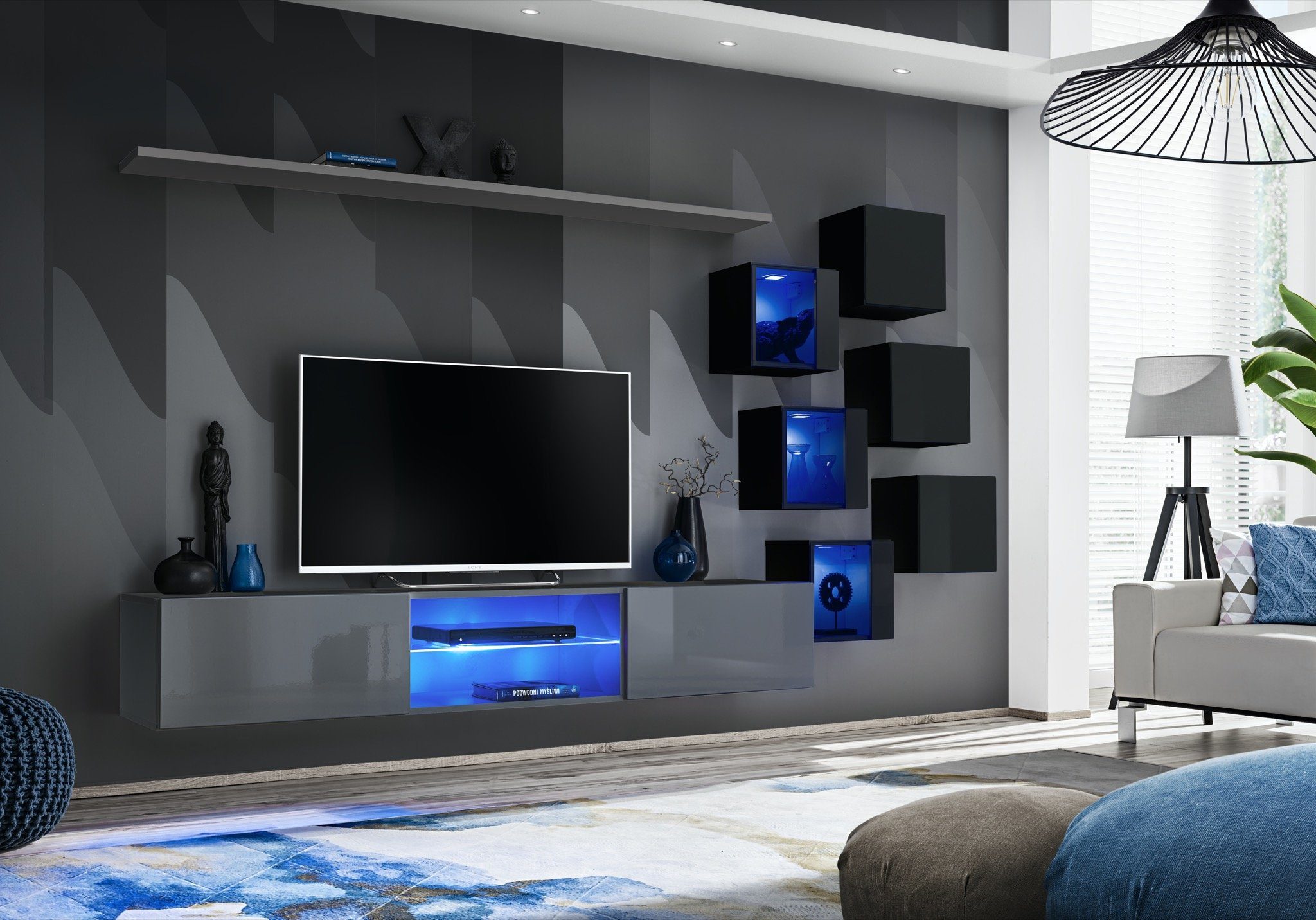 Wohnwand JVmoebel LED 6x + Ständer Modern + TV Wandschrank, Wandschrank Wohnwand (8-St., Holzmöbel Wandregal), Sideboard beleuchtet Grau TV-Ständer