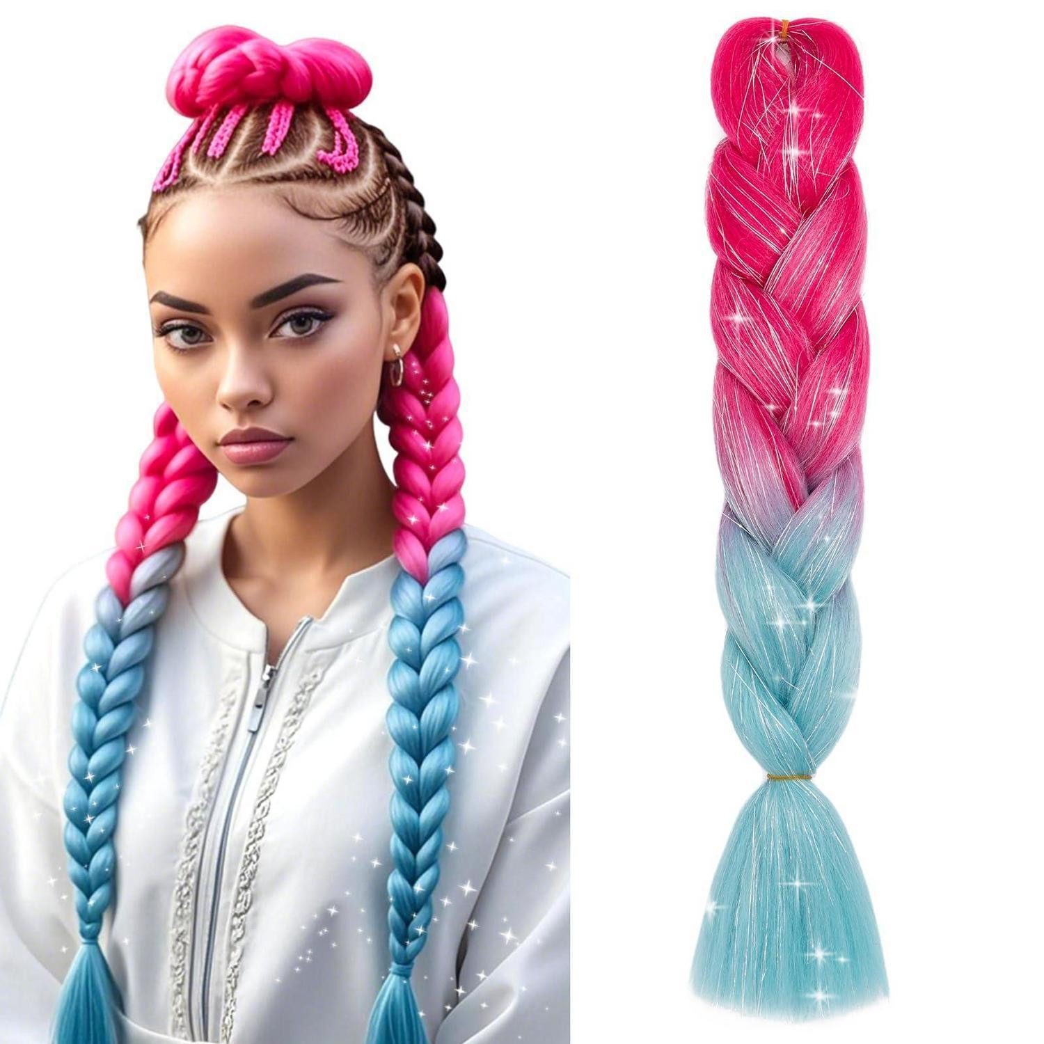 LuxusKollektion Kunsthaar-Extension Haarverlängerung 60 CM (Pack of 1) Pfirsichrot zu Hellblau mit Lametta