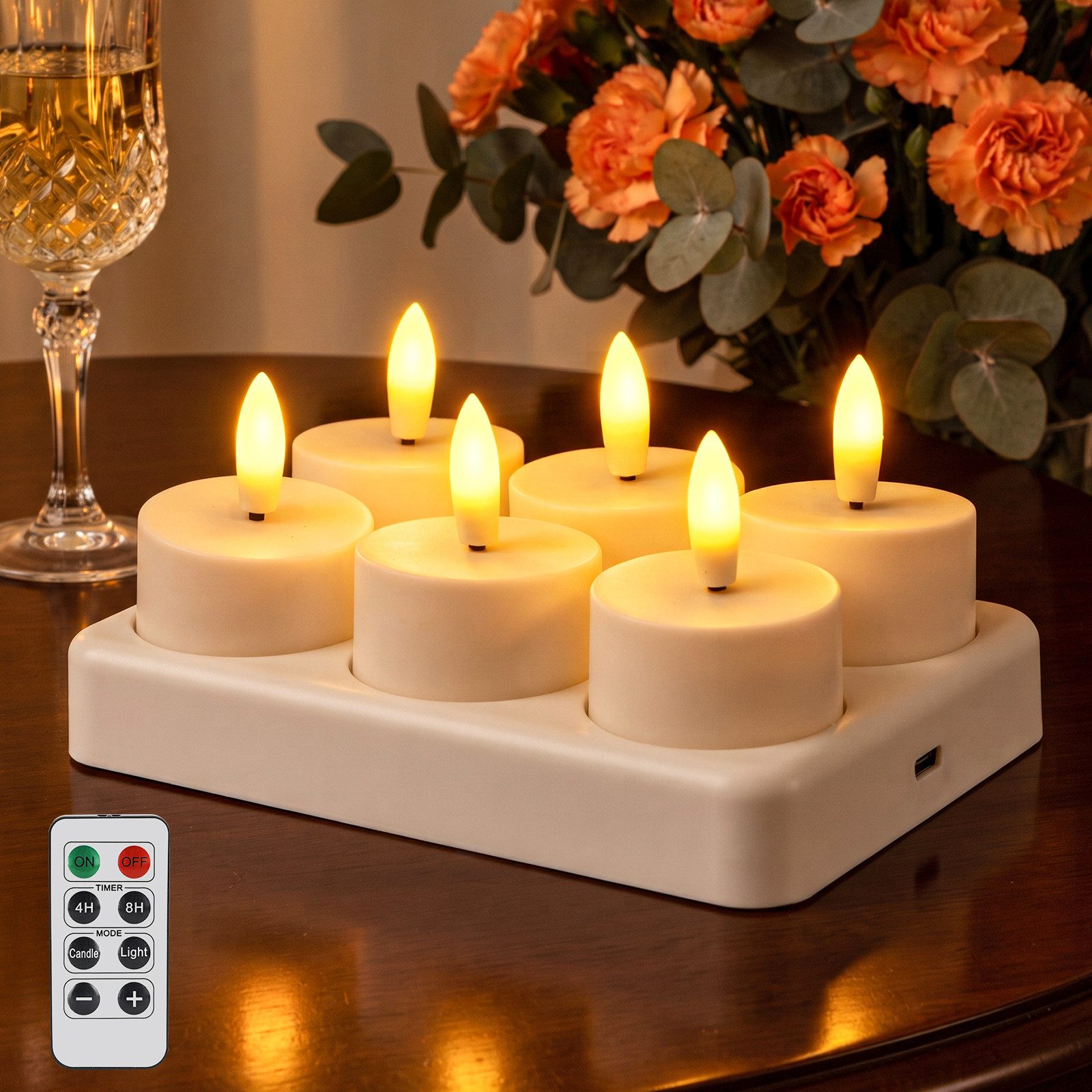 skelo LED-Teelichter LED 6/12er Teelichter Wiederaufladbar mit Fernbedienung Ladestation, led aufladbar, LED fest integriert, Warmes Licht, mit Timer (4/8H) für Halloween Weihnachten Tisch Party Deko