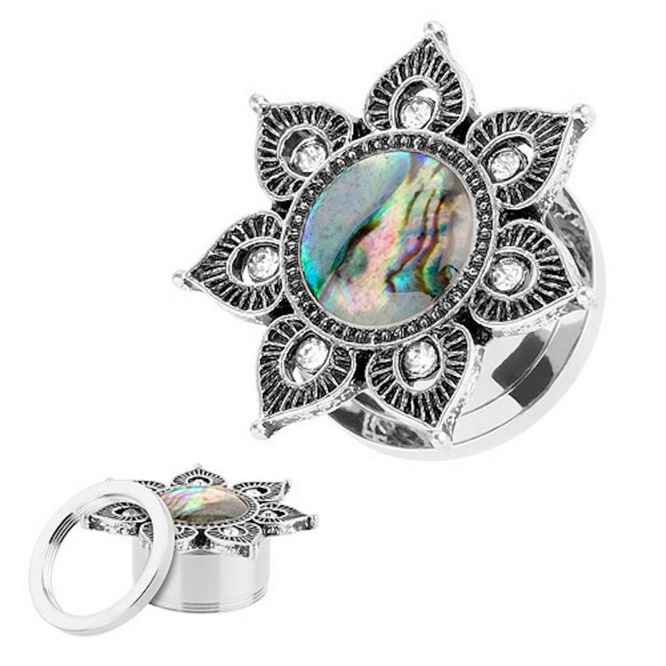 Taffstyle Plug Piercing Mandala Blume mit Opal Perlmutt, Flesh Tunnel Ohr  Plug Ohrpiercing Vintage Tribal Ethno Boho Edelstahl