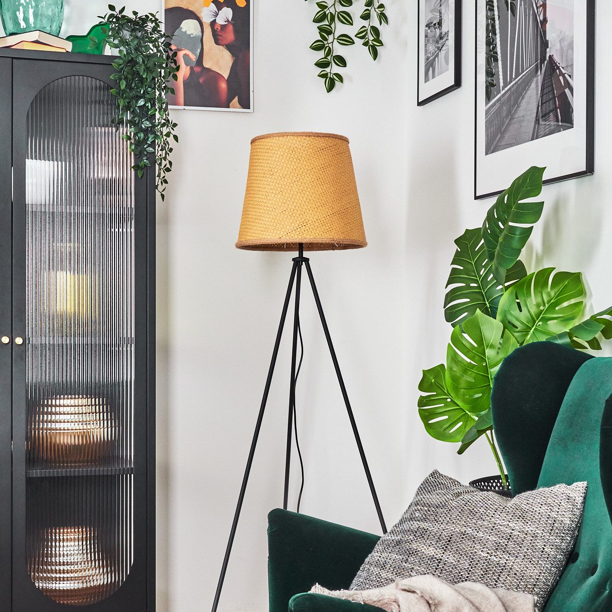 hofstein Stehlampe Stehlampe aus Metall/Seil/Tau/Bast in Schwarz/Naturfarben, Stehleuchte im Boho/Skandinavischen Design, Fußschalter, 156 cm, E27