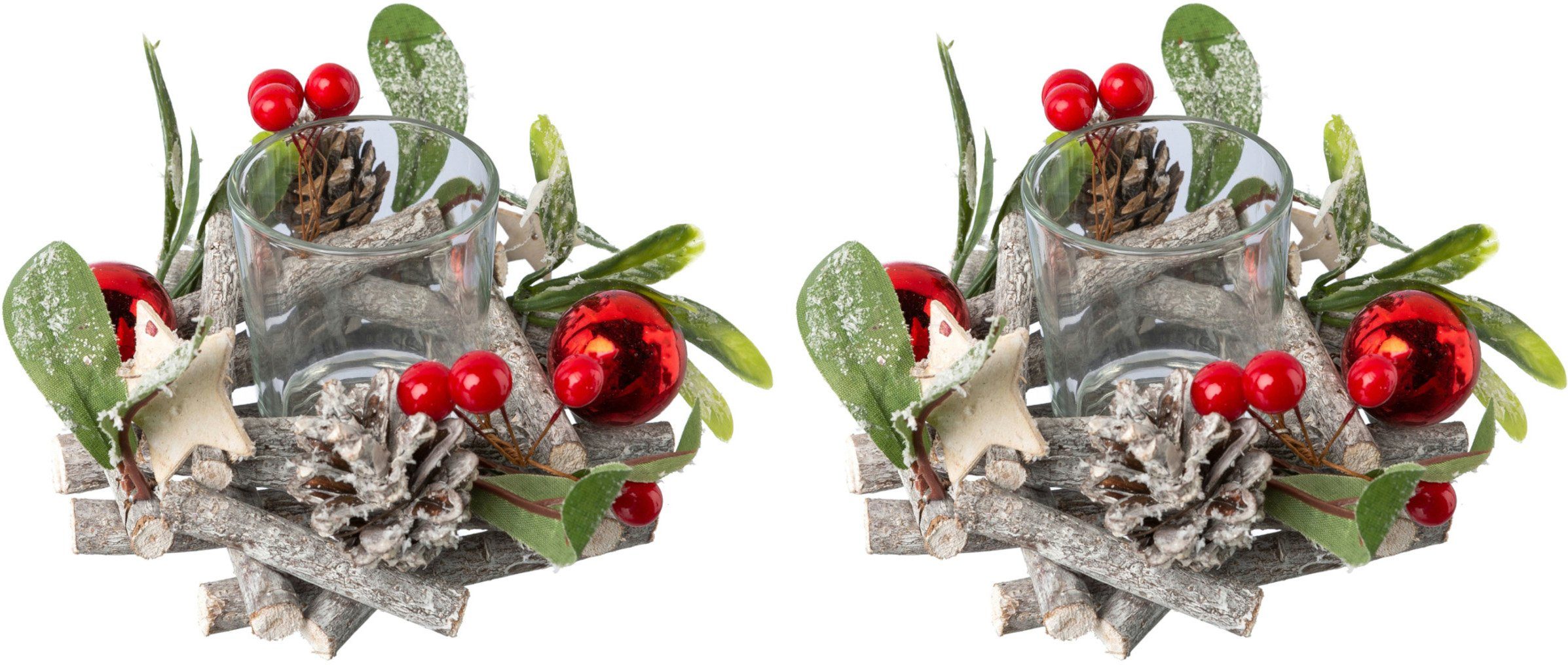 Creativ deco Teelichthalter Weihnachtsdeko (2 St), mit natürlichen Weihnachtsdeko-Elementen, 2er Set, Ø ca. 13 cm