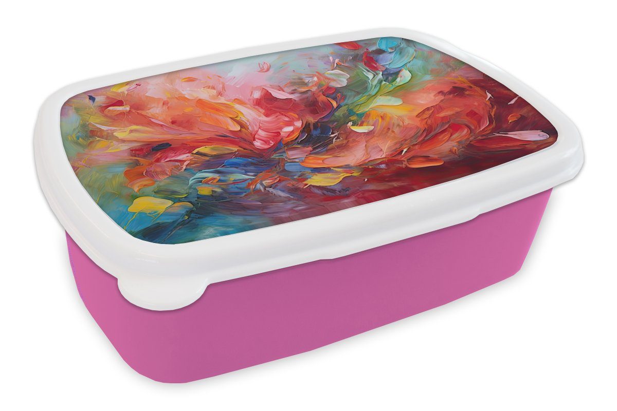 MuchoWow Lunchbox Ölgemälde - Kunst - Abstrakt - Farbenfroh, Kunststoff, (2-tlg), Brotbox für Erwachsene, Brotdose Kinder, Snackbox, Mädchen, Kunststoff rosa