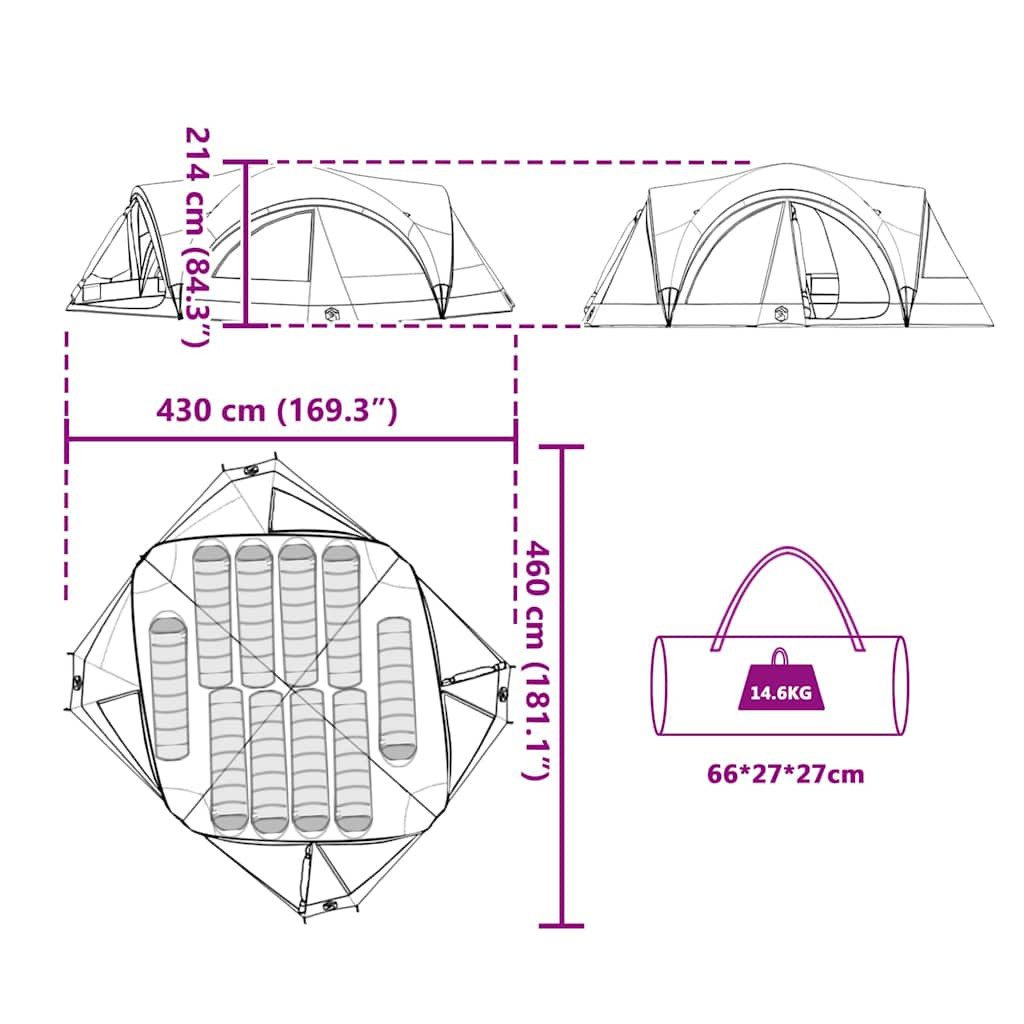 vidaXL Tunnelzelt Familienzelt für 10 Personen Grün und Grau 460 x 430 x 214 cm, (1 tlg)