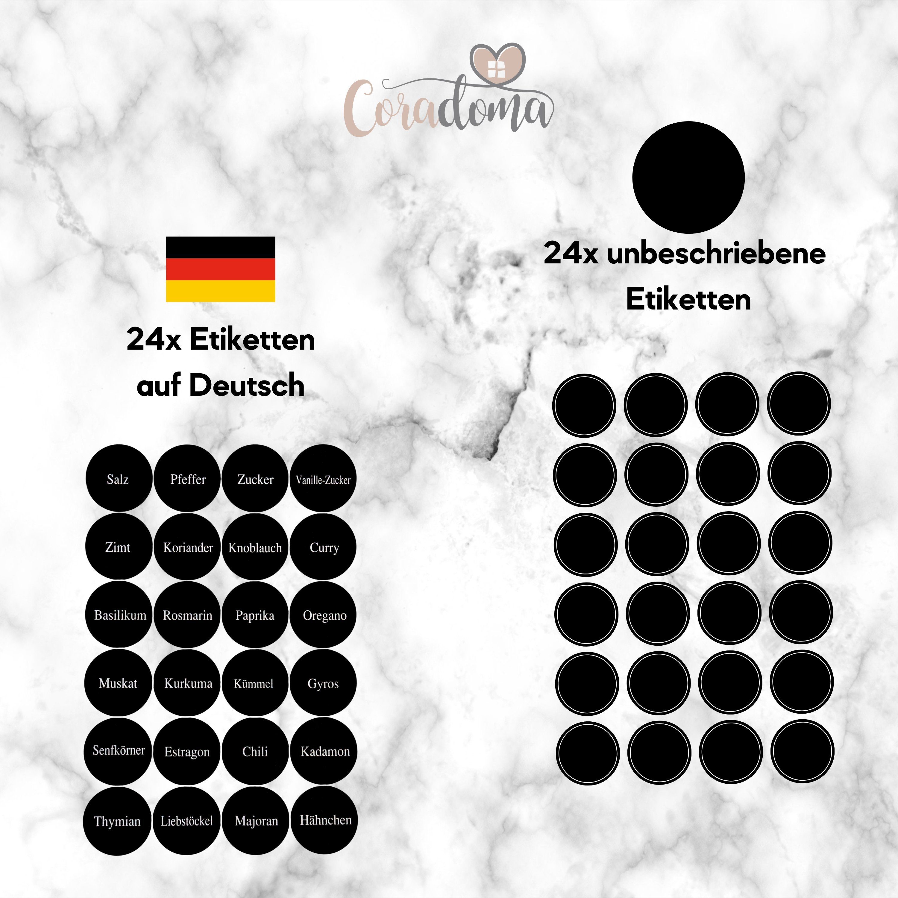 Coradoma Gewürzbehälter Gewürzgläser Set Eckig inkl. Etiketten - Glasbehälter Vorratsdosen, Glas, (24-tlg), mit Reinigungsbürste, Trichter zum Befüllen, Gewürzetiketten