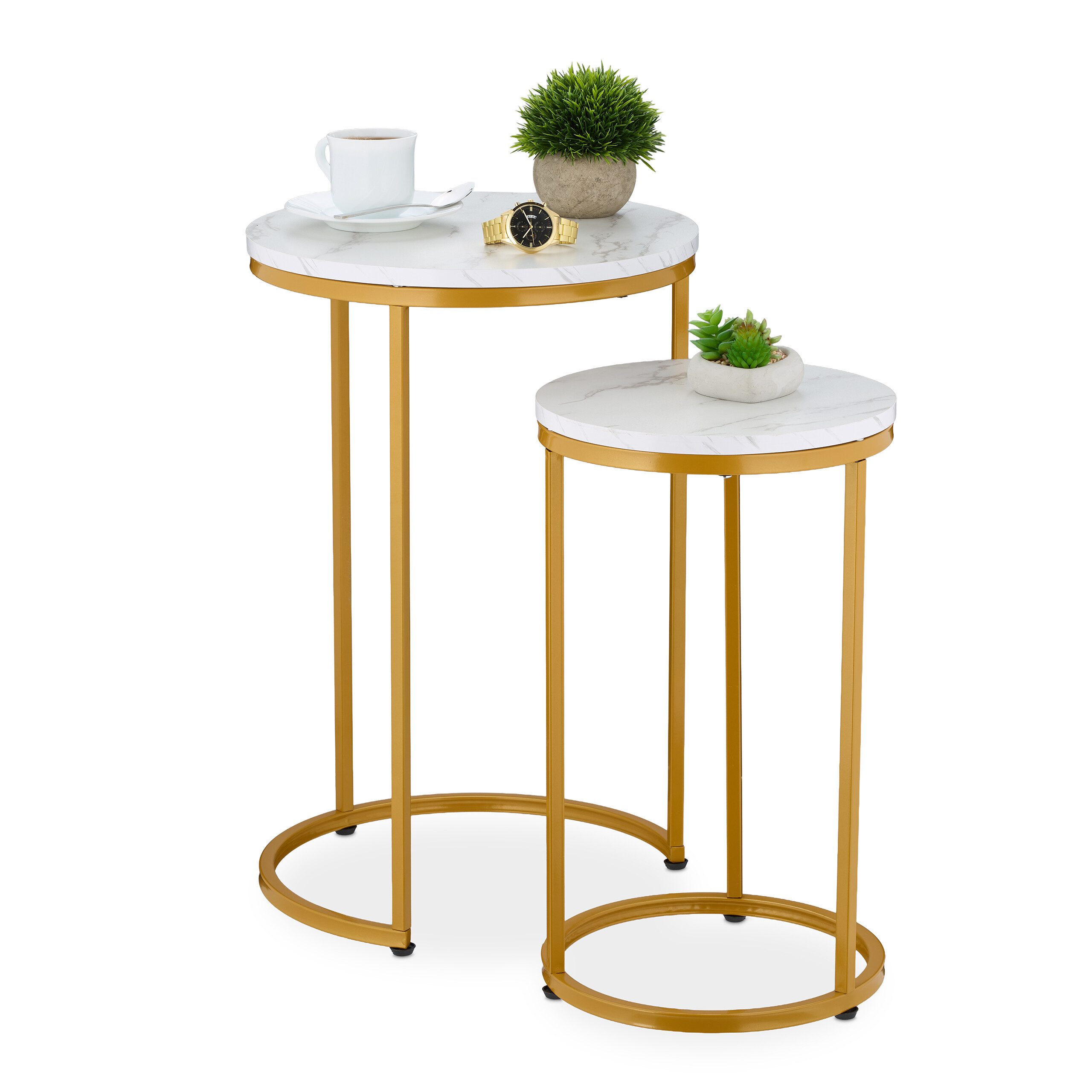 relaxdays Satztisch 2er Set Marmoroptik & Metall (2er Set), Weiß/Gold günstig online kaufen