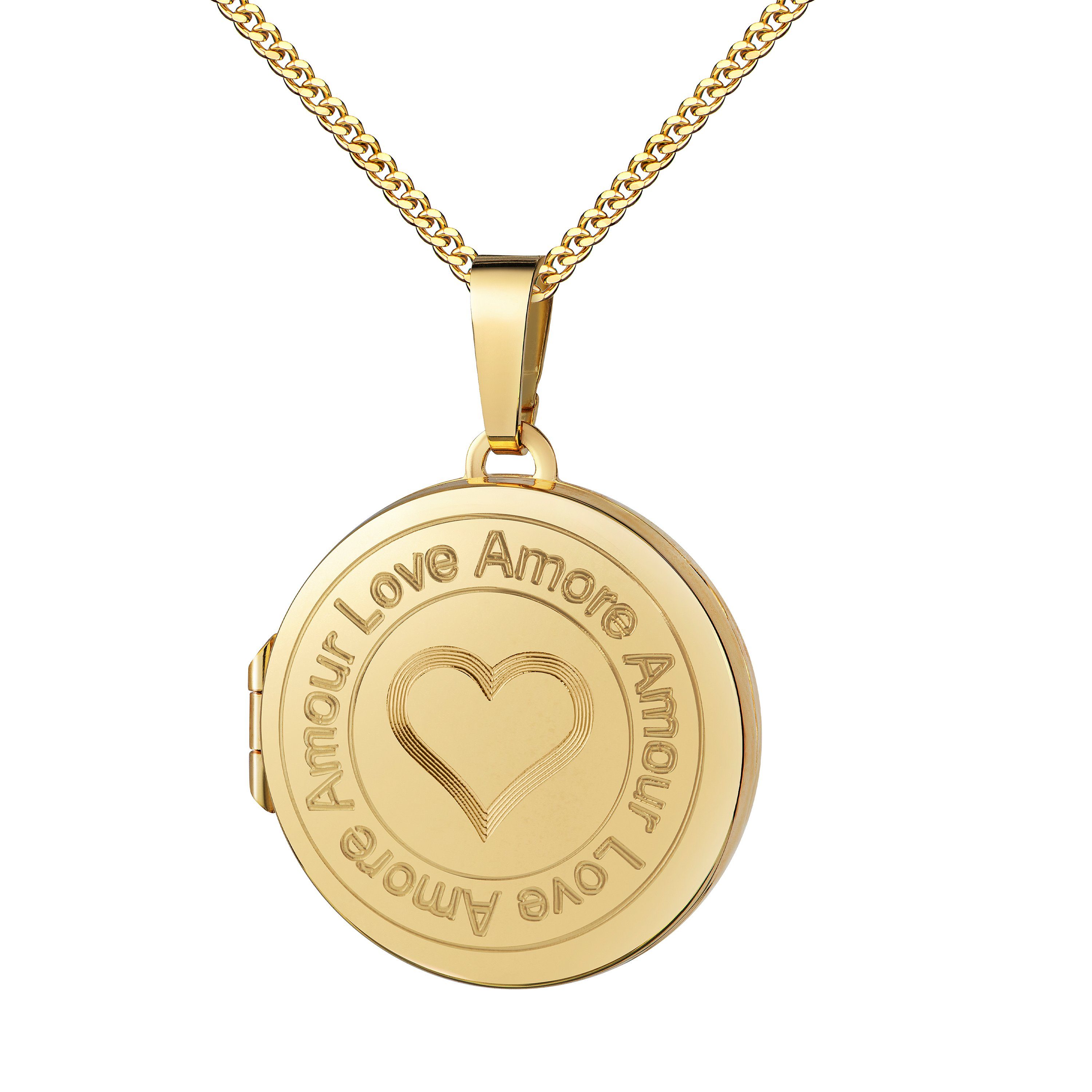 JEVELION Kette mit Anhänger Medaillon-Anhänger rund mit Gravur 333 Gold zum Öffnen für 2 Fotos (Bilder-Amulett, für Damen und Mädchen), Mit Kette vergoldet - Länge wählbar 36 - 70 cm oder ohne Kette.