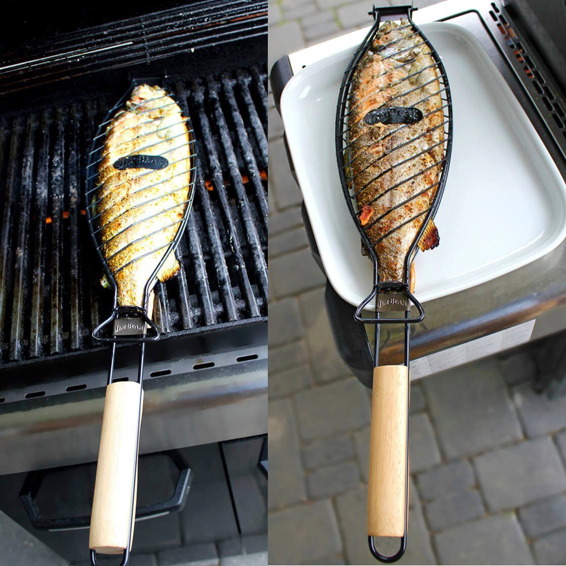 Jim Beam BBQ Grillschale, Holz, Metall, mit Parawoodgriff für große Fische | Grillpfannen