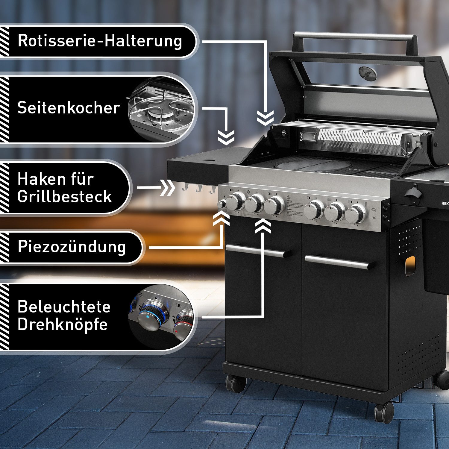 Feuergott Gasgrill FEUERGOTT Gas-Grillstation Hektor 4B-S inkl. Abdeckhaube + Drehspieß