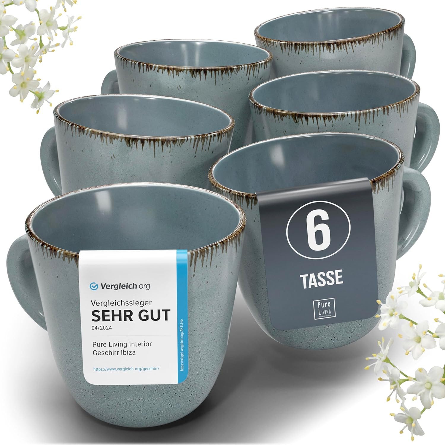 PURE LIVING INTERIOR DESIGN Geschirr-Set Rustic Becher, 6er-Set, 435 ml, Rauchblau, Steingut (6-tlg), 6 Personen, Steingut