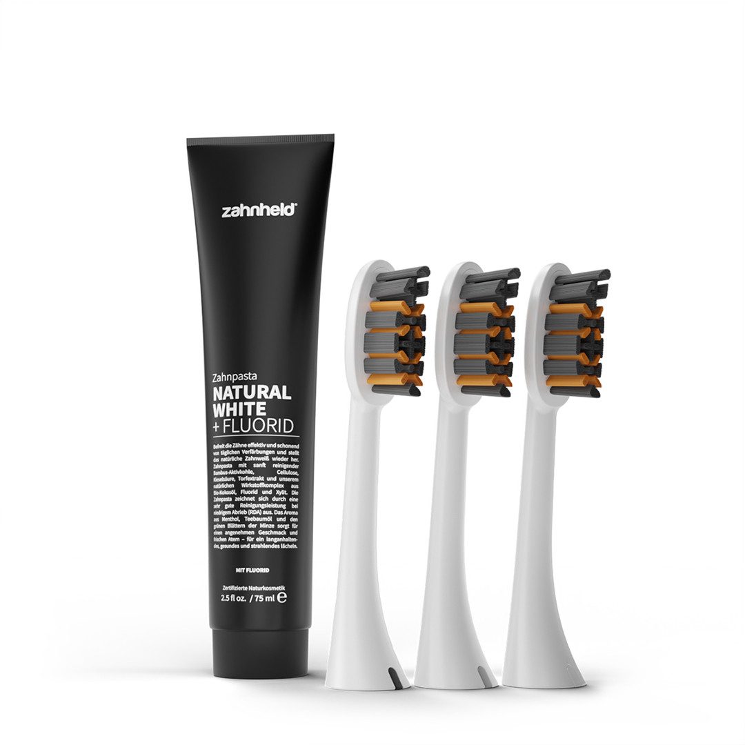 Zahnheld Aufsteckbürsten Natural White Zahncreme mit Bürstenköpfen Pro X-Clean - Zahnpflege Set, Minzgeschmack, 3 Pro X-Clean, 75ml Tube, Zahnpflege mit Torfextrakt, Bambus-Aktivkohle, Kieselsäure & Cellulose