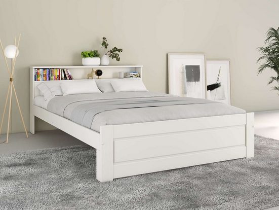 HOME AFFAIRE Bett FLAVION (Schublade optional), Regal im Kopfteil,zertifiziertes Massivholz,Kassettenoptik - Einrichtungsbeispiel