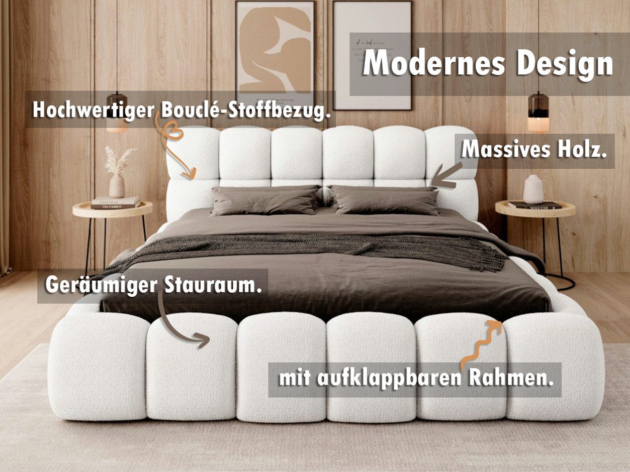 thematys Polsterbett mit Bettkasten / Stauraumbett, Bouclé 140x200 - 200x200cm (Optional mit 28 cm H3/H4 Taschenfederkern oder 23 cm Taschenfederkern-Matratze H2, Wolkenbett mit XXL Kopfteil)
