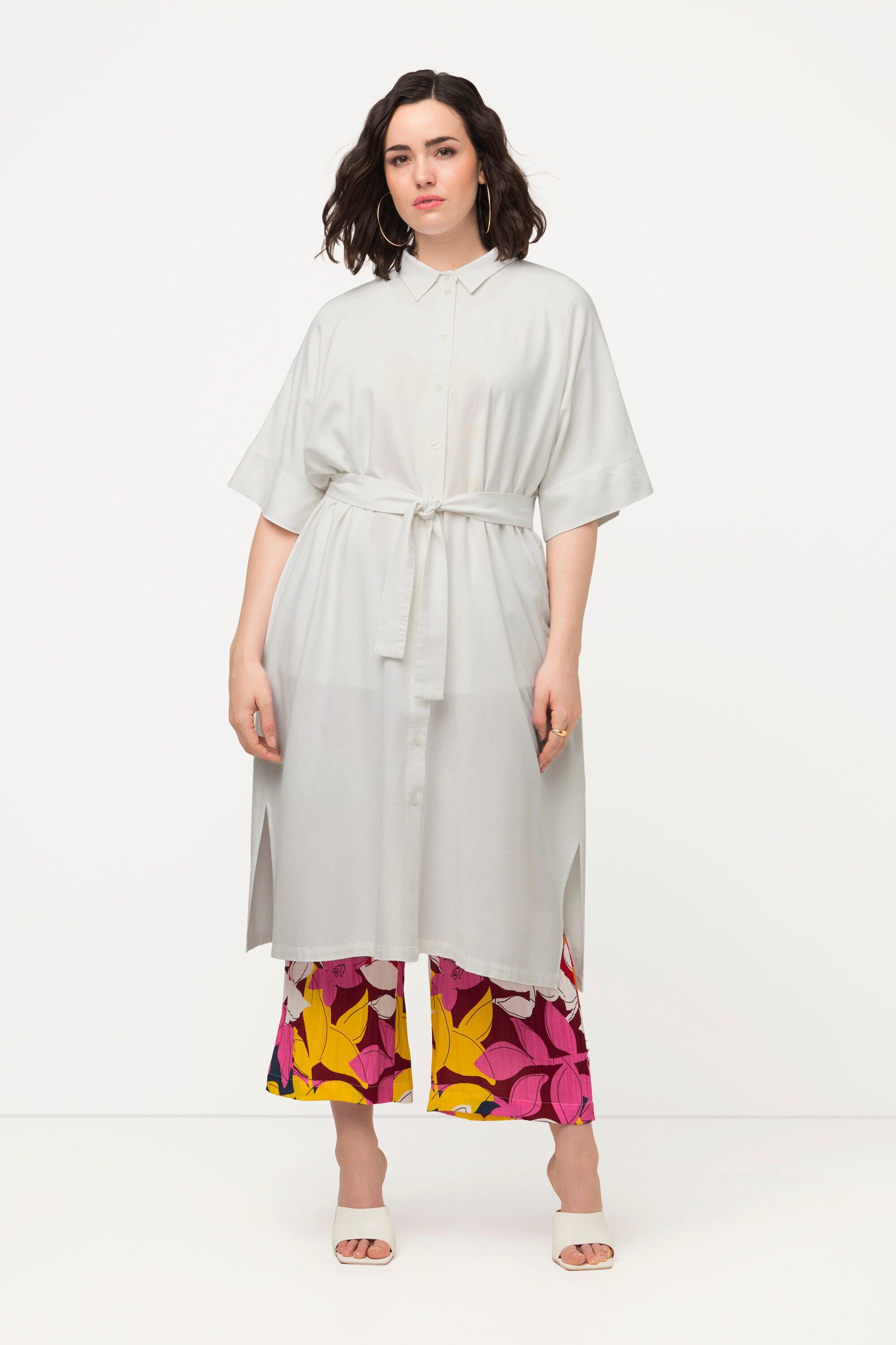 Ulla Popken Midikleid Midikleid Leinenmix Hemdkragen Gürtel Halbarm