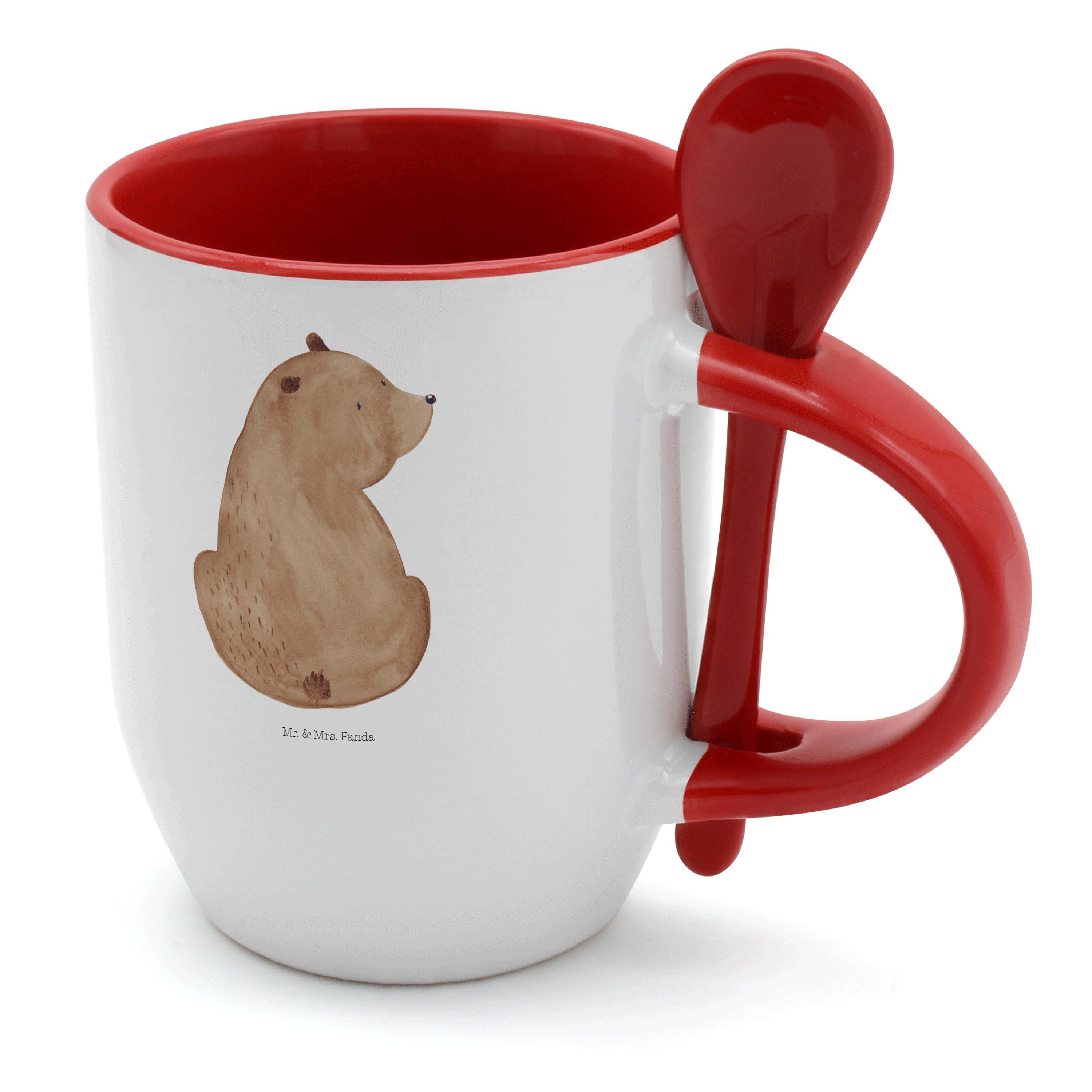 Teddybär, Mr. - Tasse mit Bär & Mrs. Panda Keramik Weiß Tasse Löffel, Geschenk, Weis, Schulterblick -