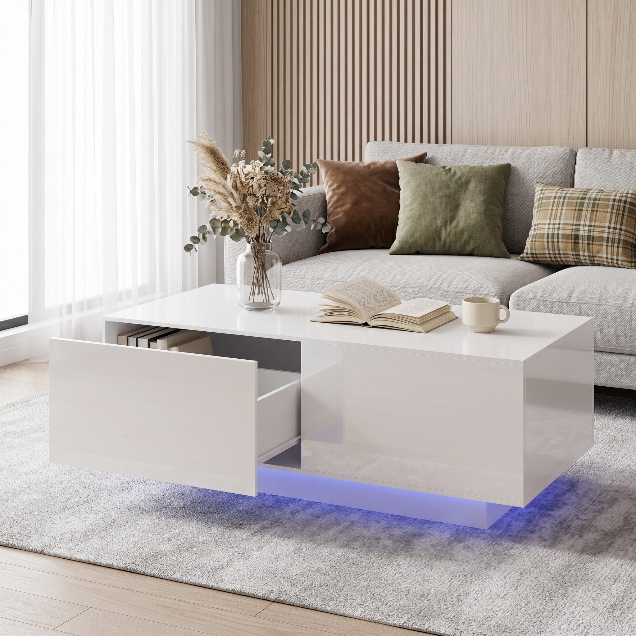 Hyaapwod Couchtisch Hochglanz-Couchtisch mit Schublade und offenem Fach (1-St), mit LED-Beleuchtung, Weiß