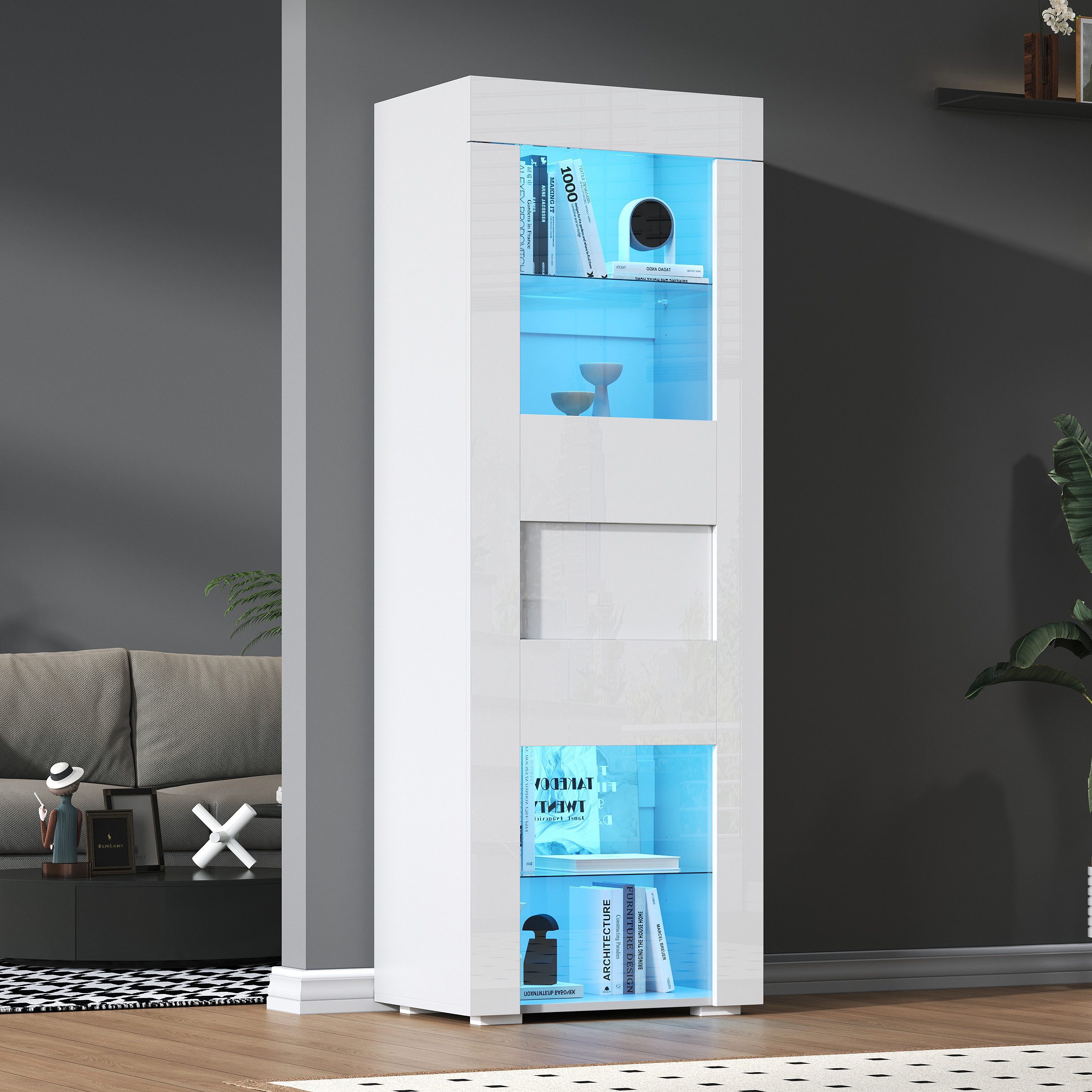 Merax Standvitrine Hochglanz schmal Glasvitrine mit LED inkl.APP (1-St., Wohnzimmerschrank Hochschrank Standregal Schrank Vitrinenschrank) Vitrine mit Acryl-Tür, verstellbaren Glasböden & Stauraum, 60x40x170cm