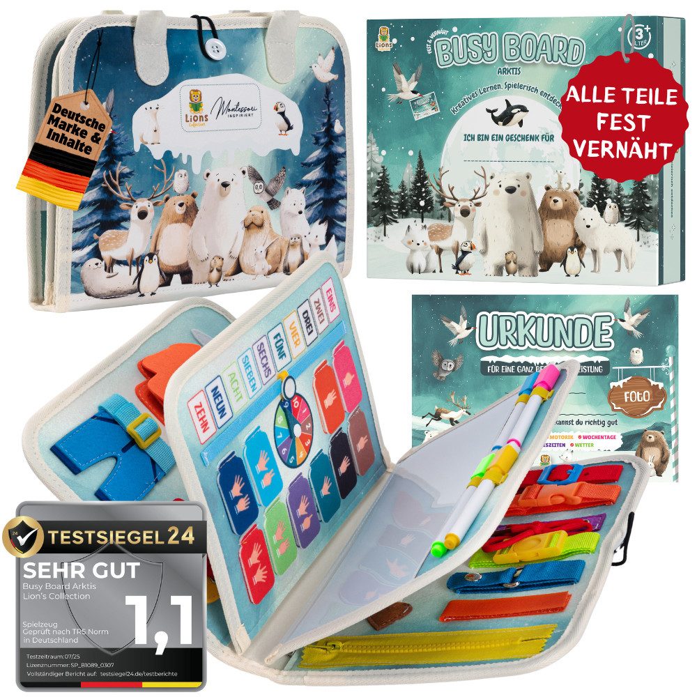 Lions Collection Lernspielzeug Busy Board Deutsch - vernäht - Montessori Игрушки - Motorikmappe