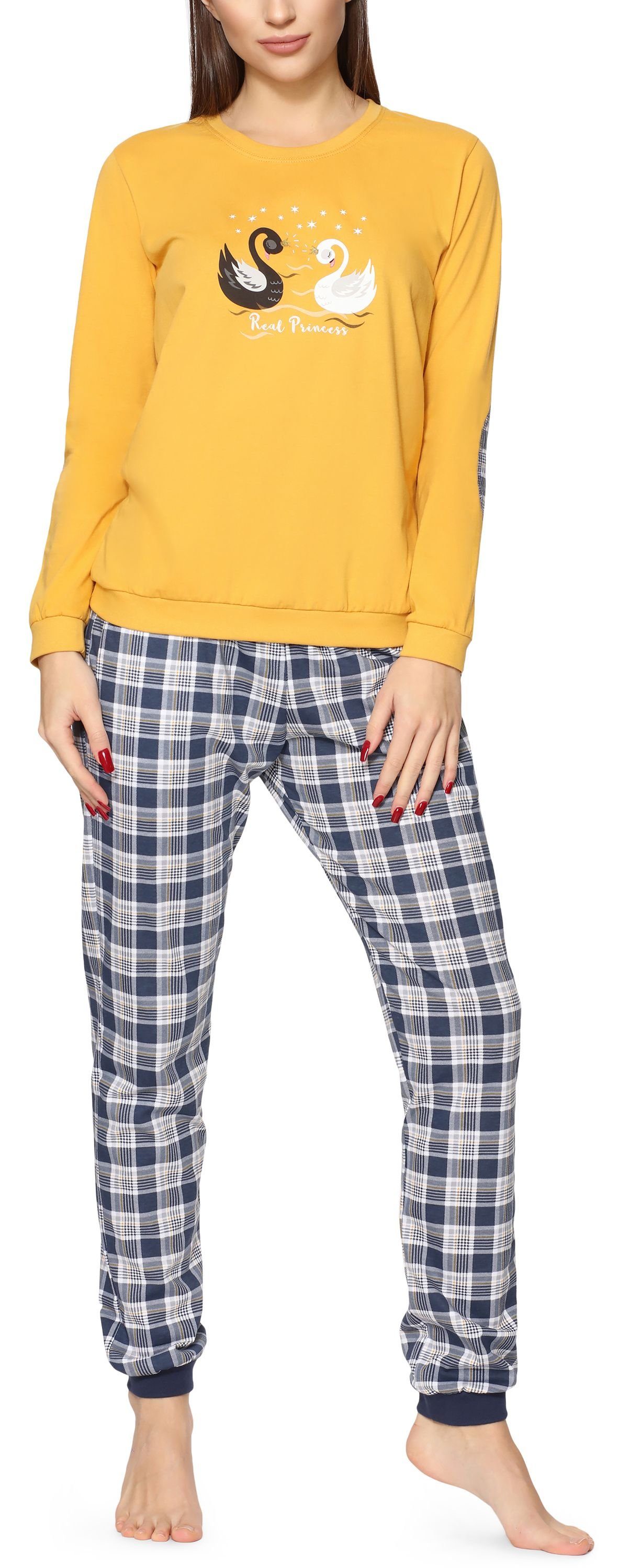 Cornette Schlafanzug Damen Schlafanzug Zweiteiler Pyjama Langarm mit Rundhals Baumwolle 634 Honig (Swan)