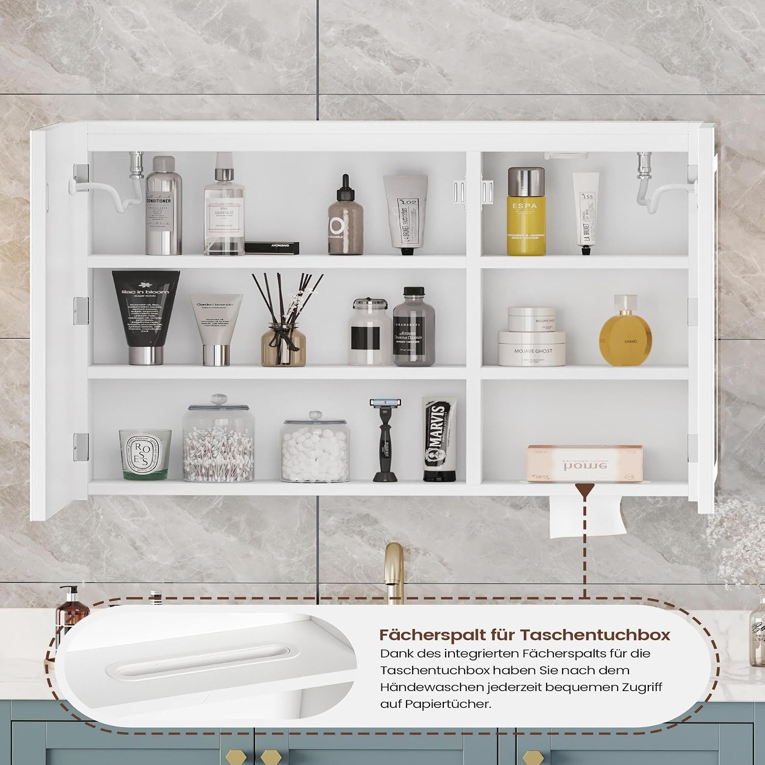 Luxstein Spiegelschrank Bad mit Beleuchtung und Steckdose, Verstellbares Regal, Entfogging-Funktion, Wandmontage – Bild 3 von 5