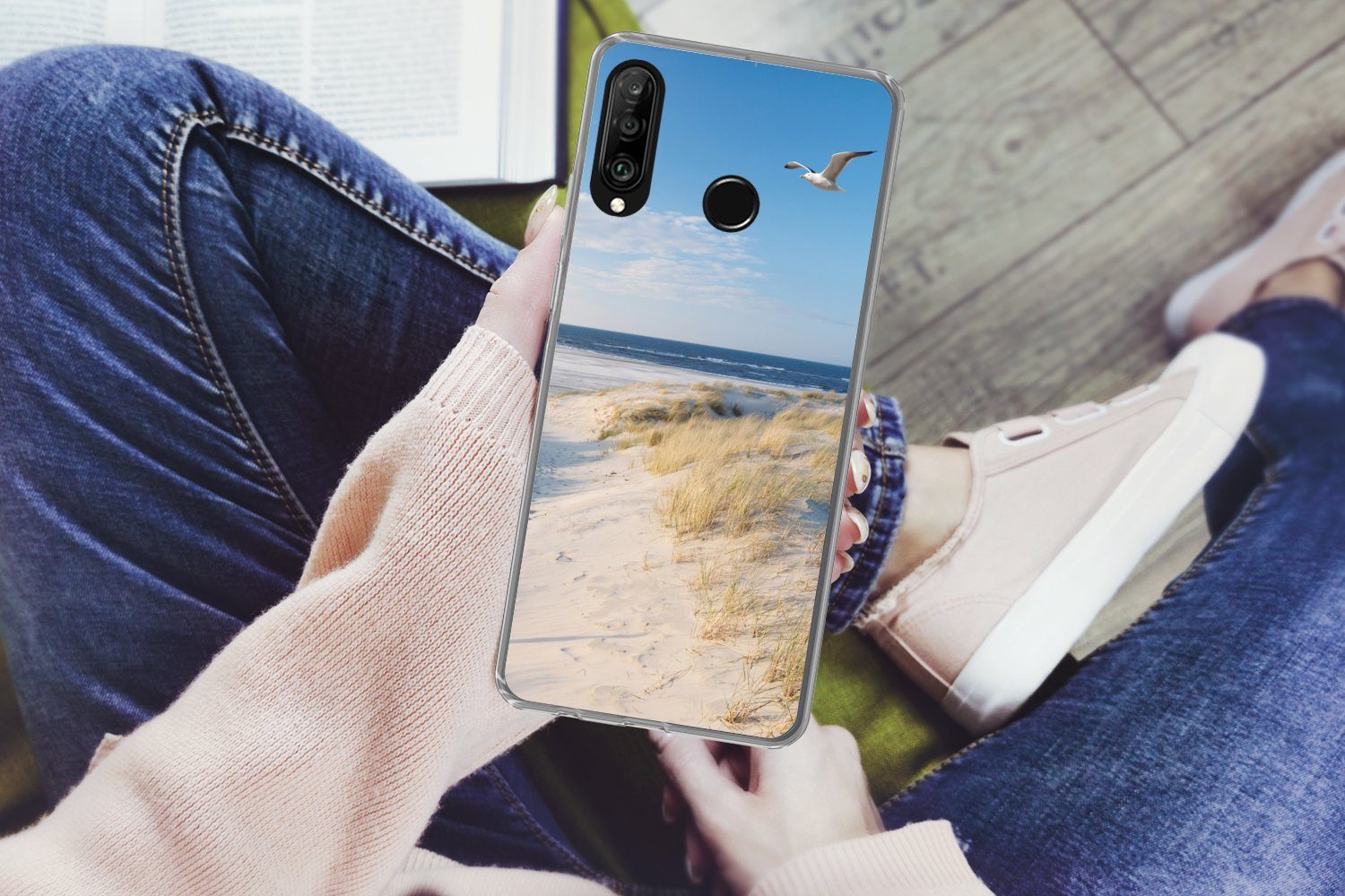 MuchoWow Handyhülle für Huawei P30 Lite Düne - Möwe - Strand - Meer - Sonne, Handy Case, Silikon, Bumper Case Dünn