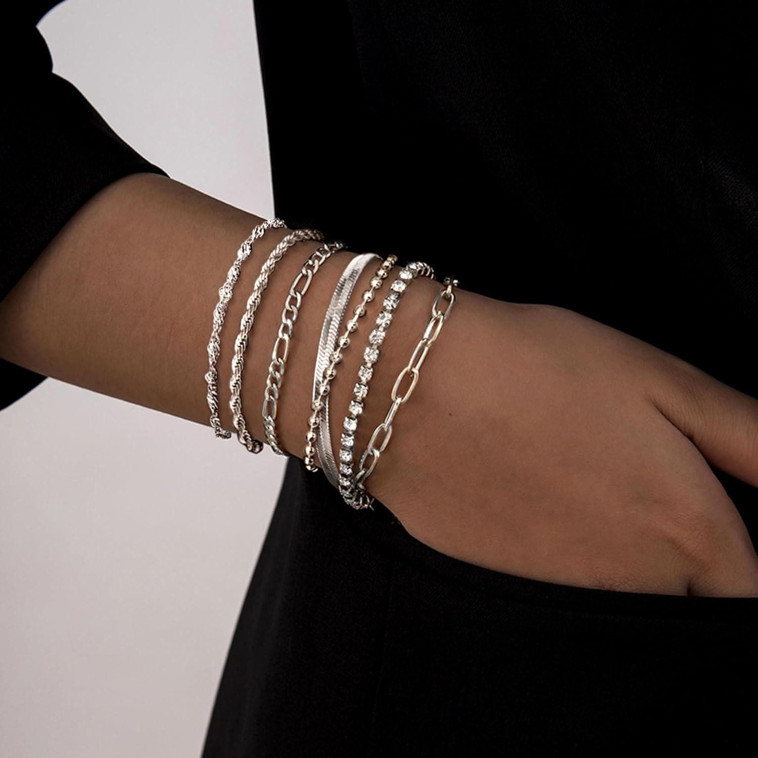 LuxusKollektion Ketten und Armband Set Armbänder Damen 7Pcs 14Karat Vergoldet Figaro Twist CZ Gold Silber