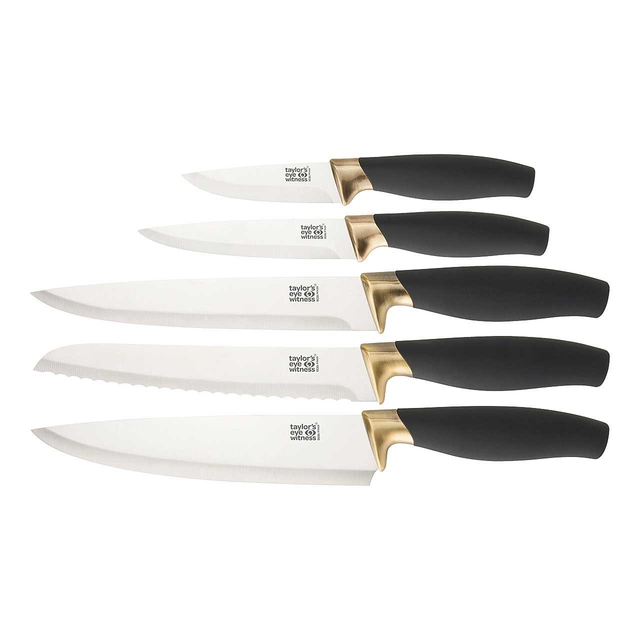 Taylor's Eye Messer-Set BROOKLYN BRASS Küchen-Messer-Set 5-teilig (für Schneidarbeiten mit Gemüse, Fleisch, Brot und Obst), Hochwertiges 5-teiliges Küchenmesser-Set + Messerschärfer