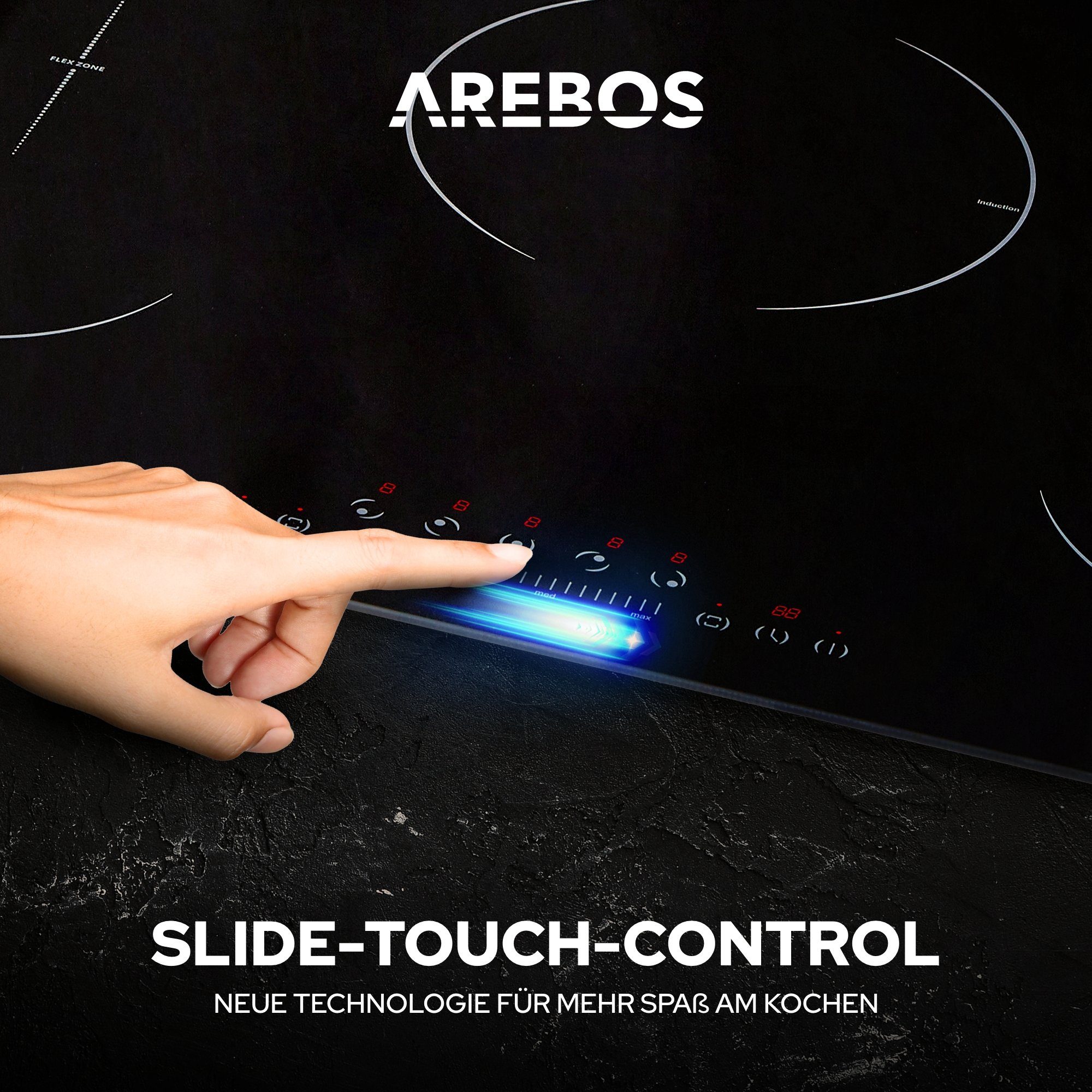 Arebos Flex-Induktions-Kochfeld AR-HE-IKF80 9800 W, 5 Kochfelder 2 Flexzonen, 77 cm, Autark, mit Sensor Touch, Timer, Kindersicherung, Überhitzungsschutz – Bild 5 von 5