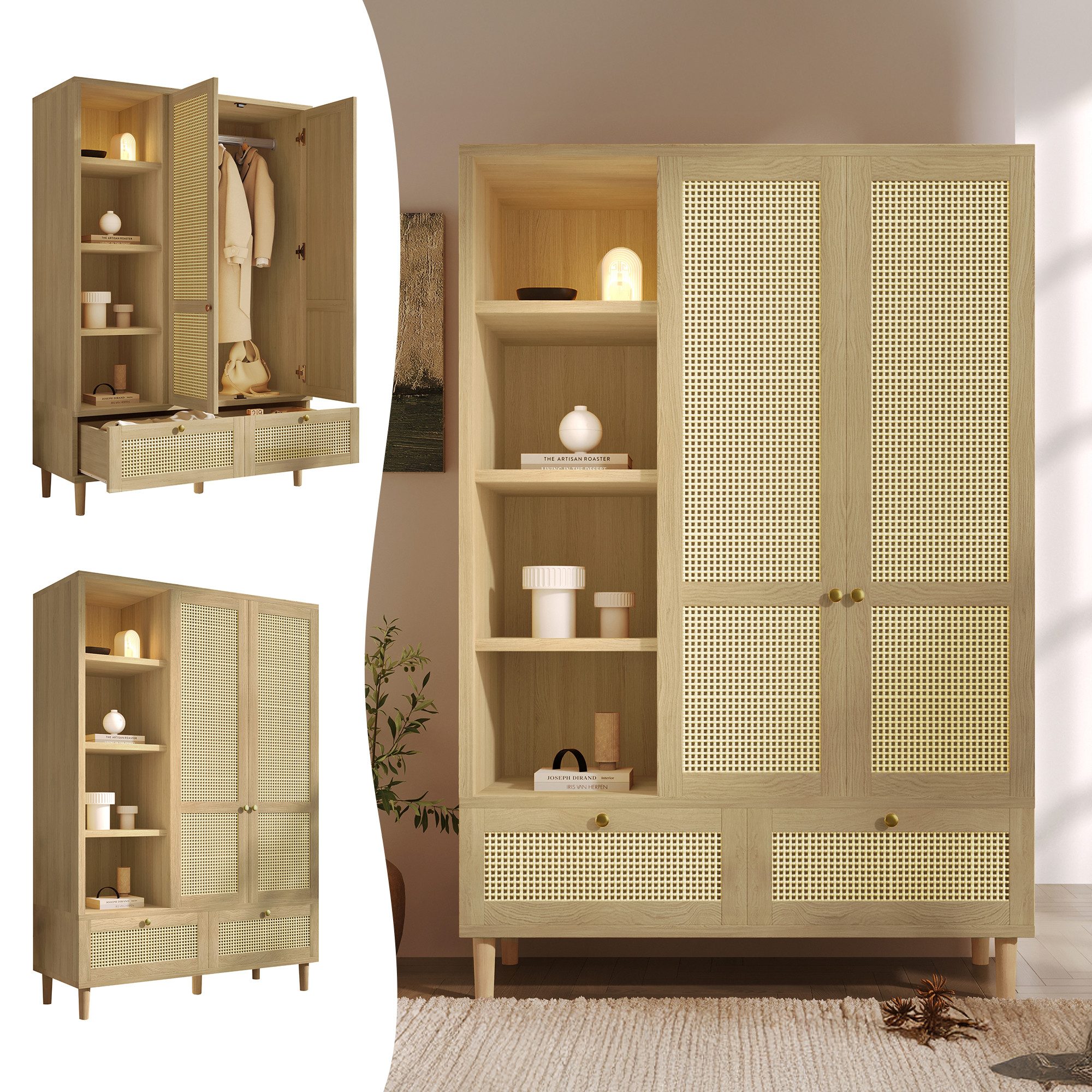 Flieks Kleiderschrank Garderobenschrank 120x50x180cm mit 2 Schubladen und 2 Türen, Rattan