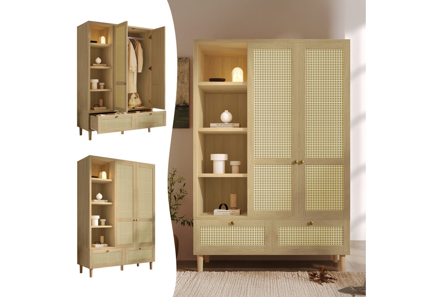 Flieks Kleiderschrank Garderobenschrank 120x50x180cm mit 2 Schubladen und 2 Türen, Rattan