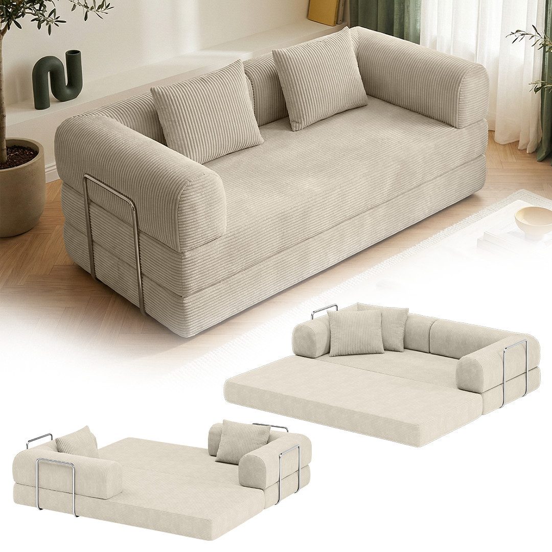 skølm Sofa & Sessel Lofn aus Vollschaum Cord, umwandelbar zum Schlafsofa/-Sessel, Beige, Cordsofa 200 cm breit, 2 Sitzer, kein Aufbau erforderlich, vakuumiert