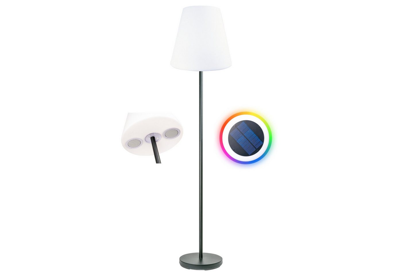 Schwaiger LED Außen-Stehlampe 661828, Fernbedienung zum Ein-/Ausschalten der Lampe, verschiedene Lichtmodi, Bluetooth Lautsprecher, LED, farbwechsel, integrierter Lautsprecher, Farbwechseleffekt, IP44