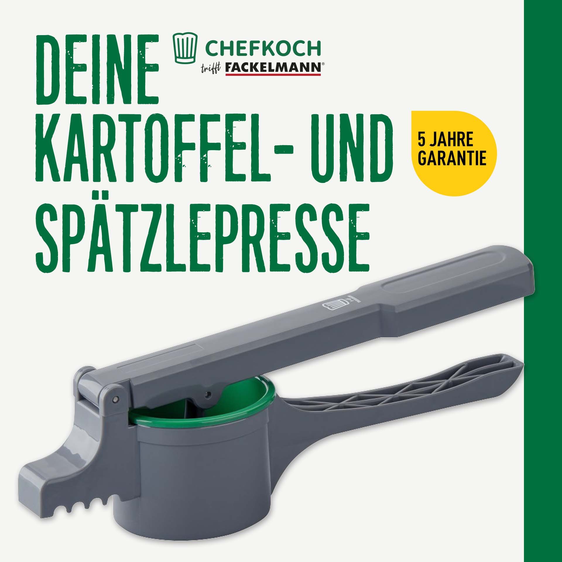 Chefkoch trifft Fackelmann Spätzlepresse Presse für Kartoffeln, Spätzle, Spaghettieis & Co (4 St), Edelstahl, Kunststoff, Presse inkl. 3 Lochscheiben mit verschiedenen Stärken (2 - 3 mm)