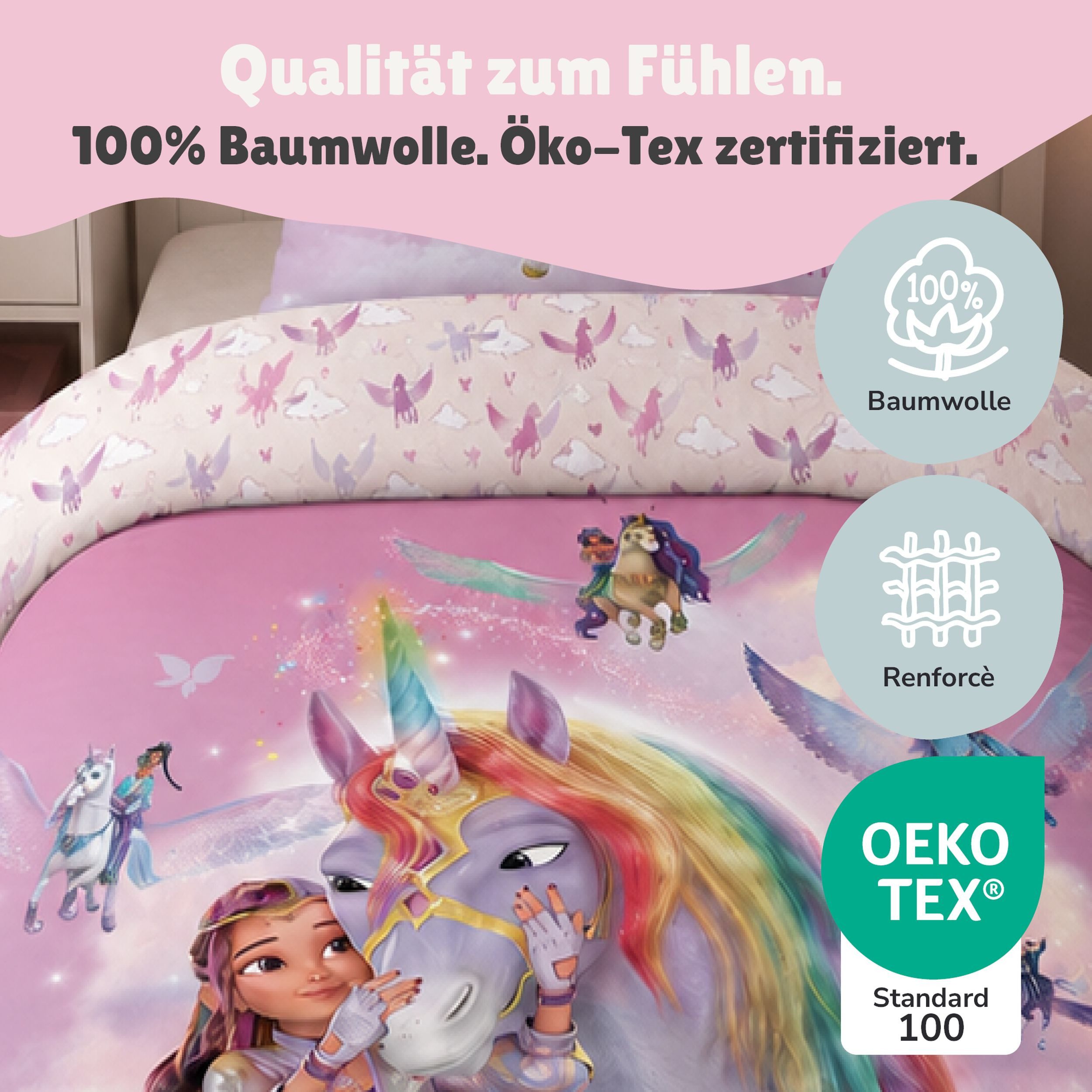 Familando Kinderbettwäsche Unicorn Academy, 100% Baumwolle, Rosa Violett mit Einhorn für Mädchen, Renforcé, 2 teilig, 135x200 80x80cm mit Reißverschluss, Wendeb – Bild 3 von 5
