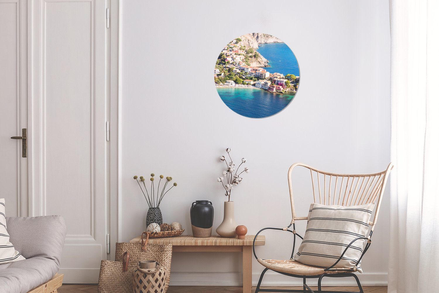 30x30 Wandbild, (1 MuchoWow - Gemälde St), Wohnzimmer, - Forex, Kreis cm Griechenland Stadt Rundes Wanddekoration Meer,