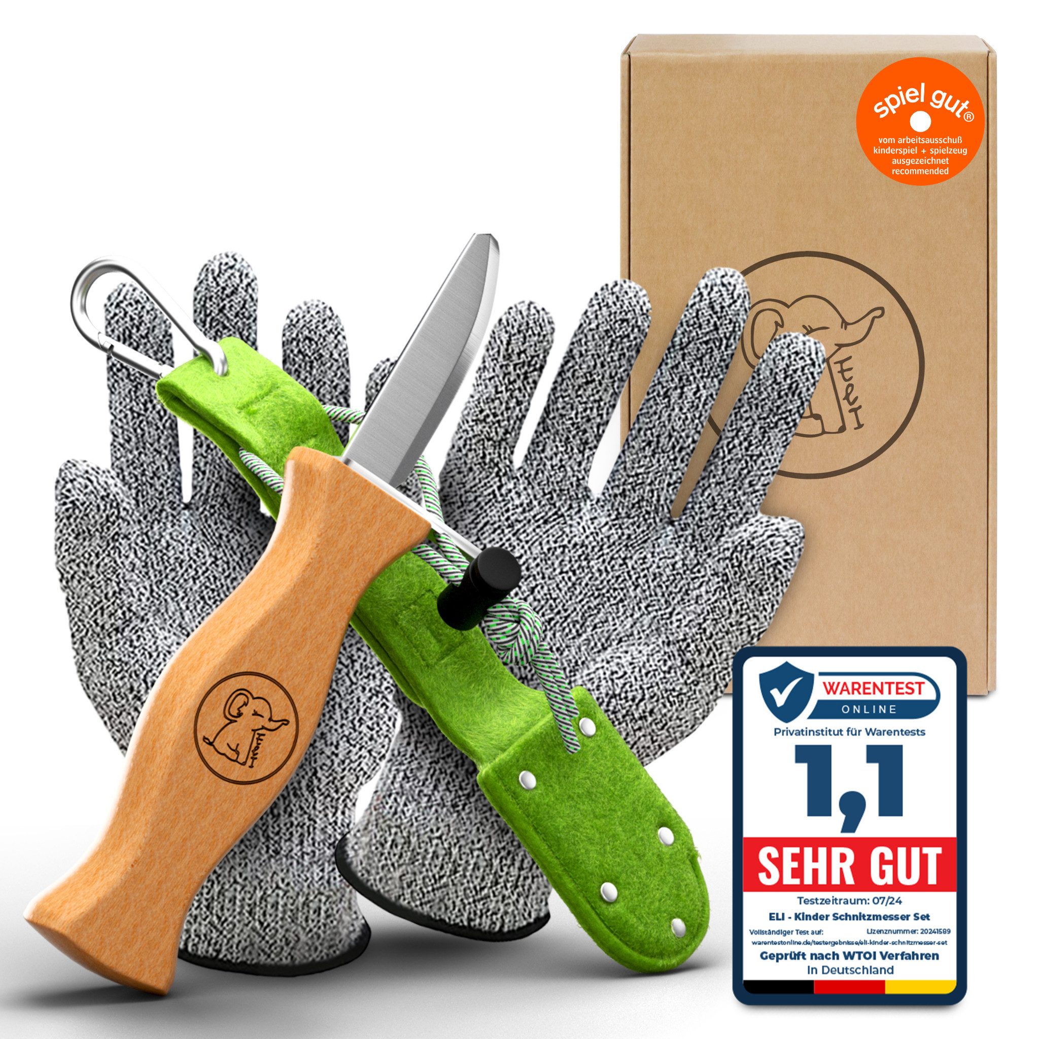 Eli Taschenmesser Schnitzmesser Kinder - Kindermesser mit Filztasche Kindertaschenmesser, (Schnitzwerkzeug - Outdoor Messer, 3 St., Kinderschnitzmesser - Griffe aus Buchenholz), inkl. schnittfeste Handschuhe - Beidhändig - rostfreier Stahl