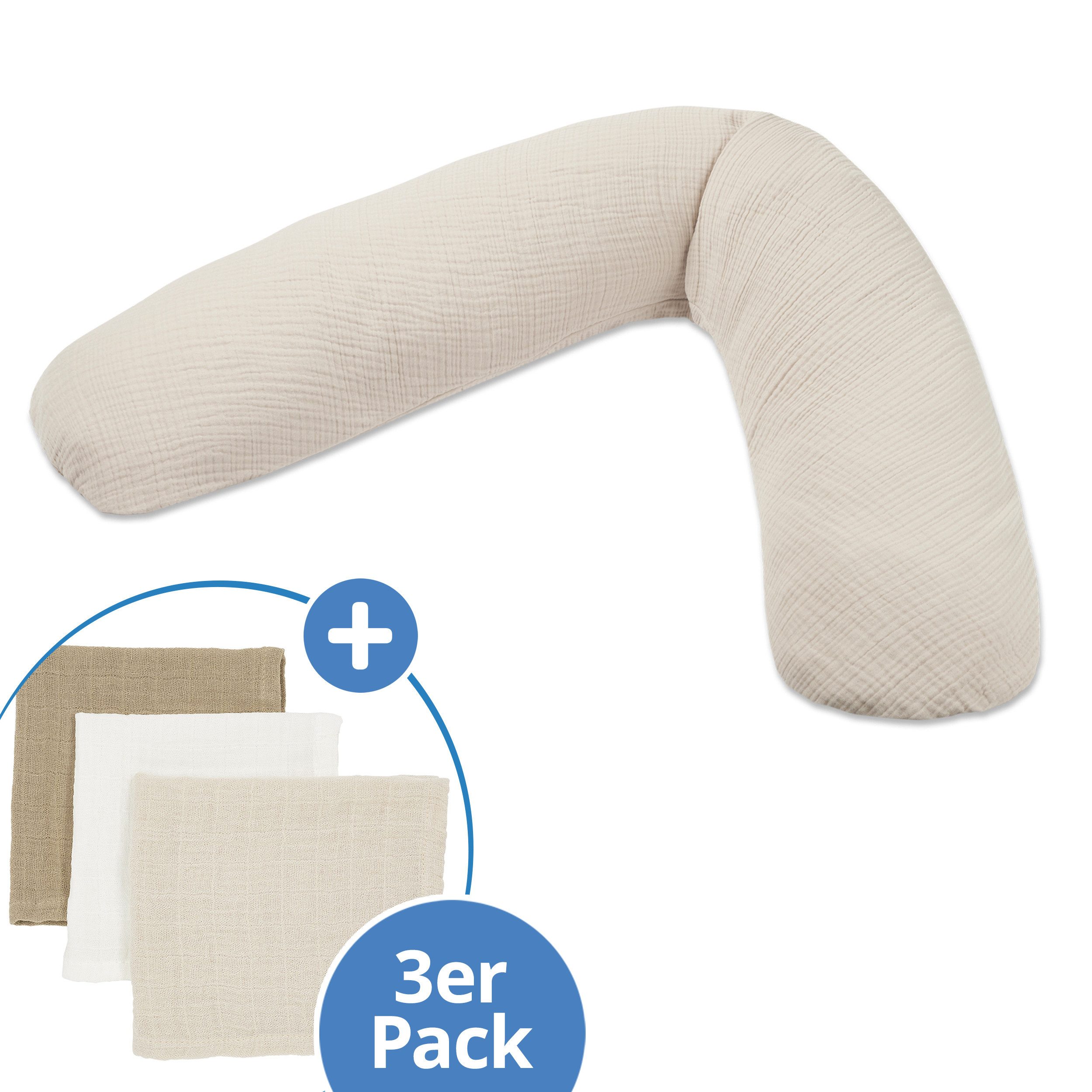 Theraline Stillkissen Dodo Premium - Sandbeige, Schwangerschaftskissen 180 cm inkl. Musselin-Bezug & 3x Mulltücher