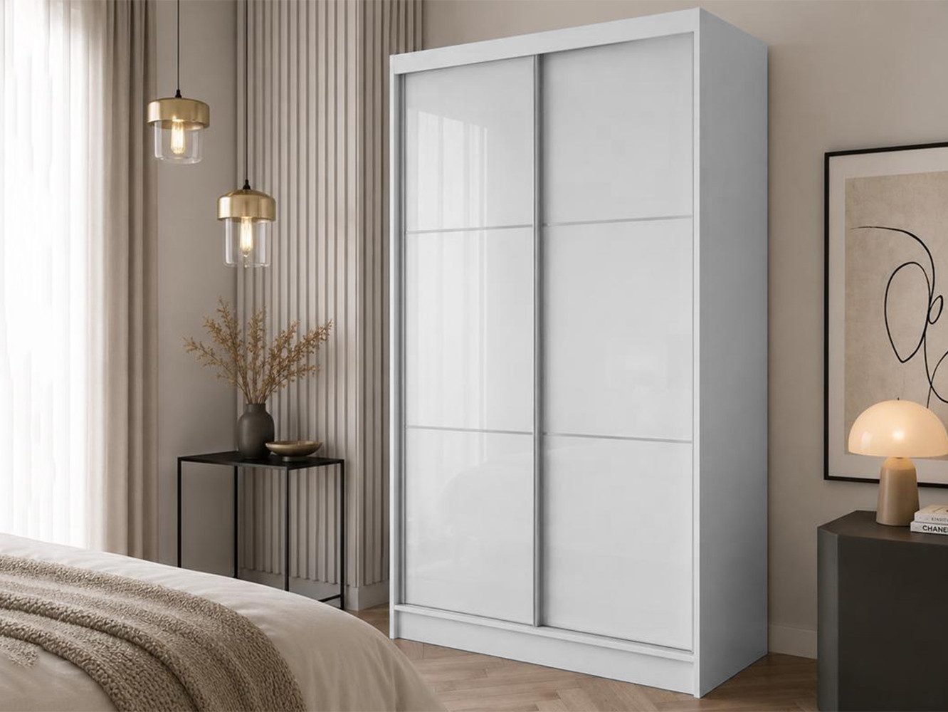 Beautysofa Schwebetürenschrank Viva mit Lacobel-Glas (4 Farben: Weiß, Grau, Schwarz und Kaschmir, mit oder ohne Schubladeneinsätze) Moderner Kleiderschrank